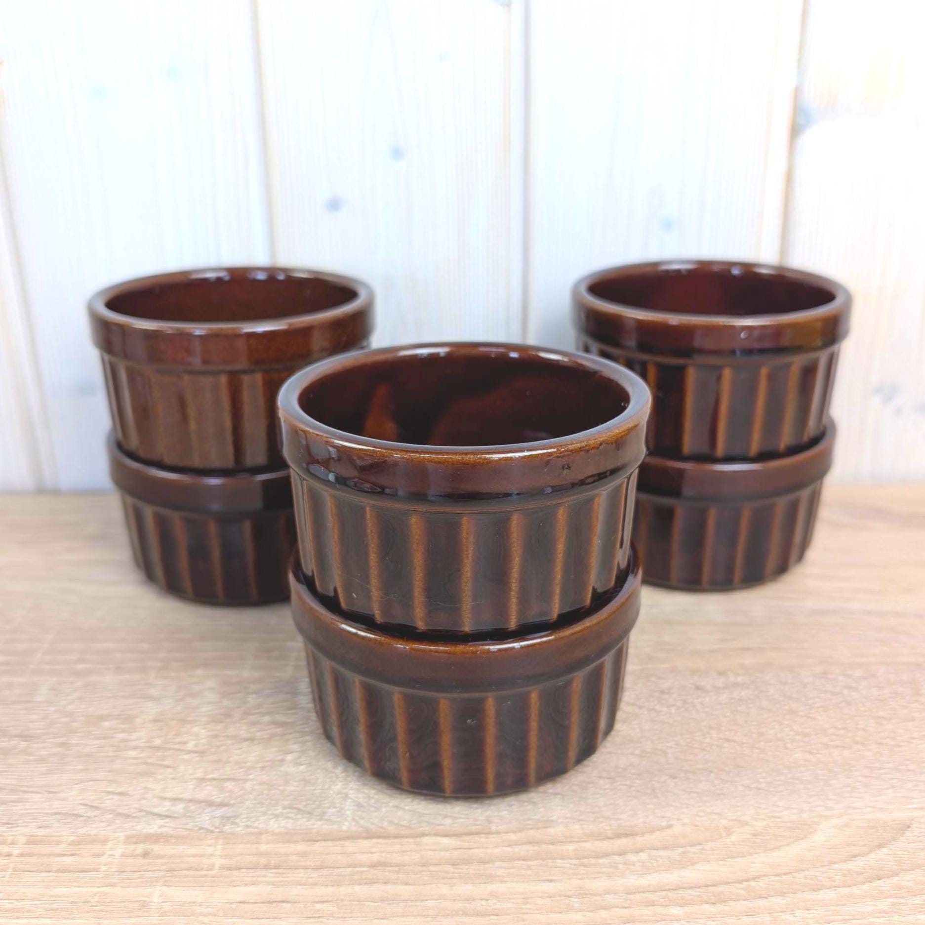 Set of 6 Vintage Ramekins, Scheurich 901, Brown Ribbed Glaze, West Germany, 1960s, Stoneware Baking Dishes, Mid Century Kitchen