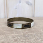 Vintage Mother of Pearl Bangle Set, Shell Inlay Brass Bracelets, 1960s 1970s Boho Jewelry