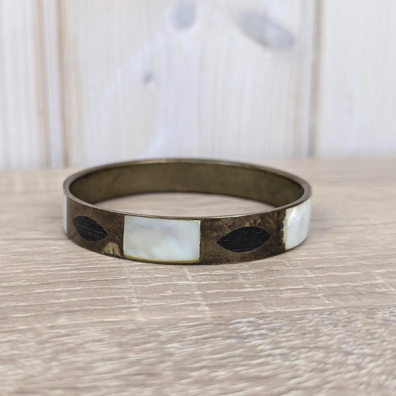 Vintage Mother of Pearl Bangle Set, Shell Inlay Brass Bracelets, 1960s 1970s Boho Jewelry