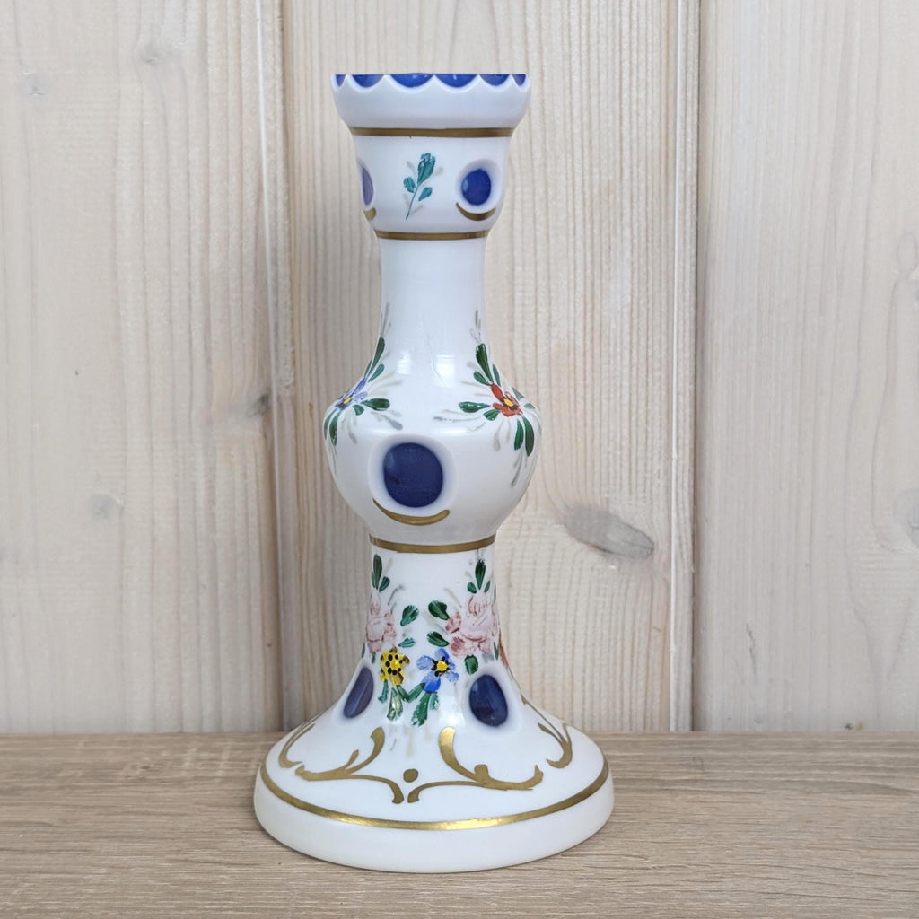 Handpainted Bohemian Candleholder, White Glass with Blue Cut Accents, Central Europe, Vintage