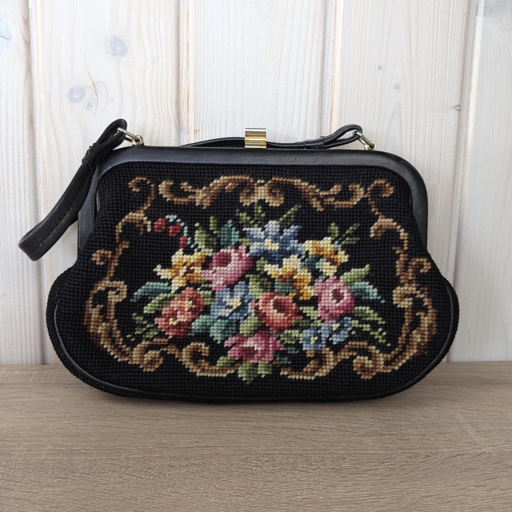 Vintage floral gobelin handbag, petit point tapestry purse, European evening bag, 1950s