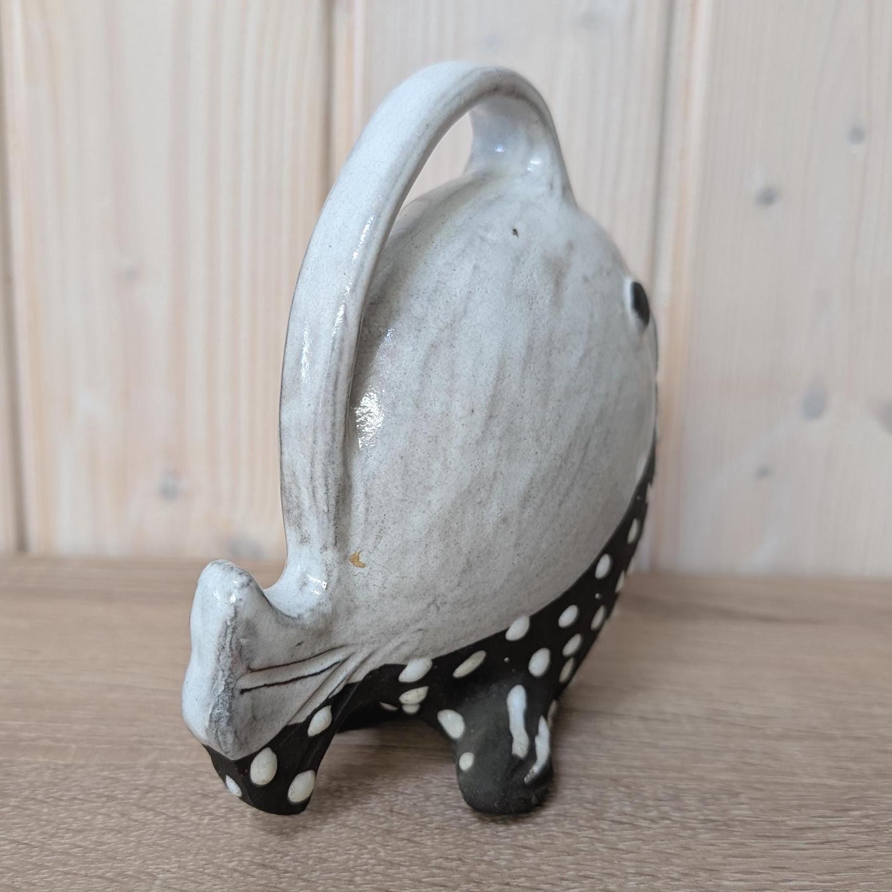 Vintage Gabbianelli Fish Pitcher, Marked G Italy, 1960s MCM Ceramic Jug Vase, Black White Dotted Studio Pottery