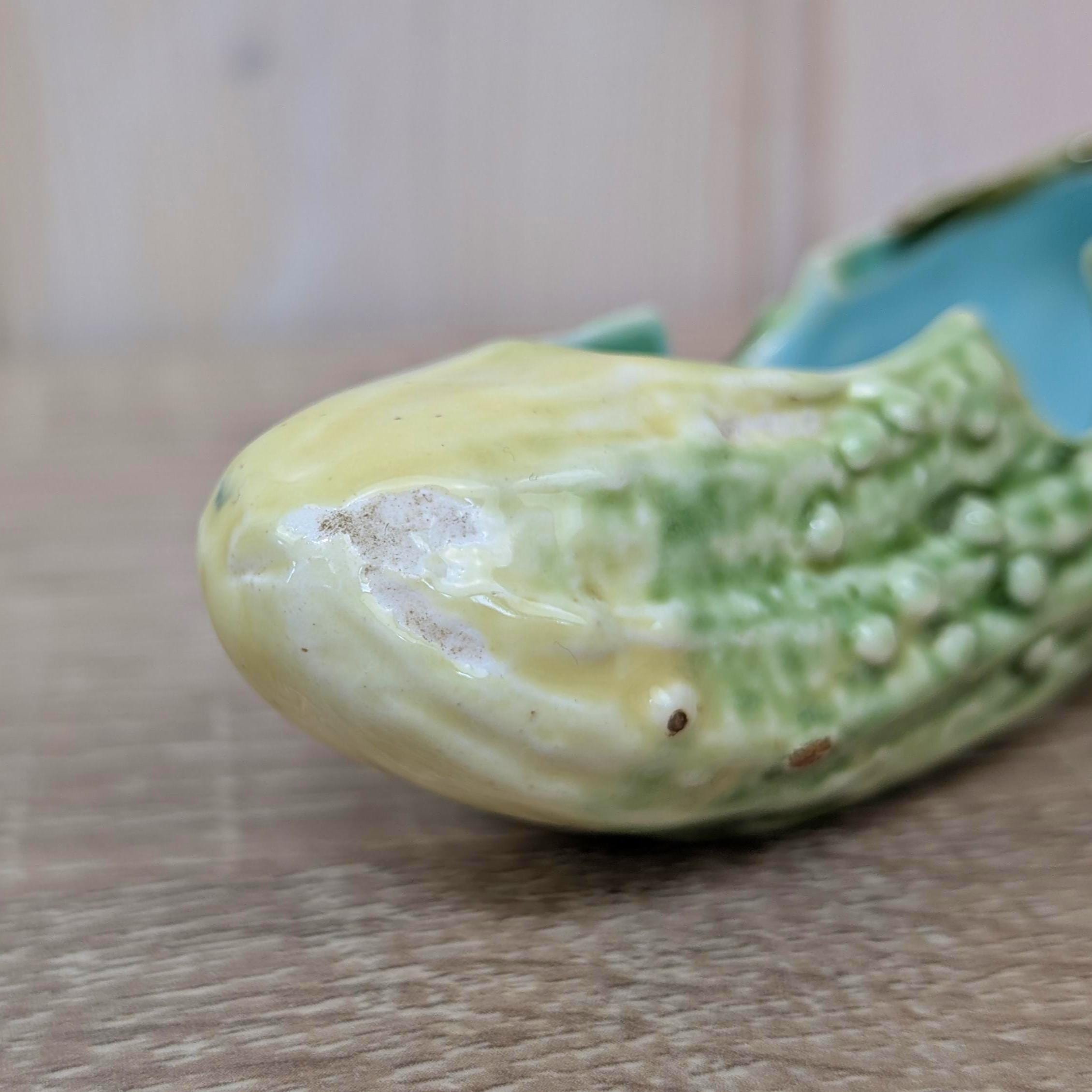 Majolica Cucumber Ashtray Trinket Dish Green Turquoise, 1950s
