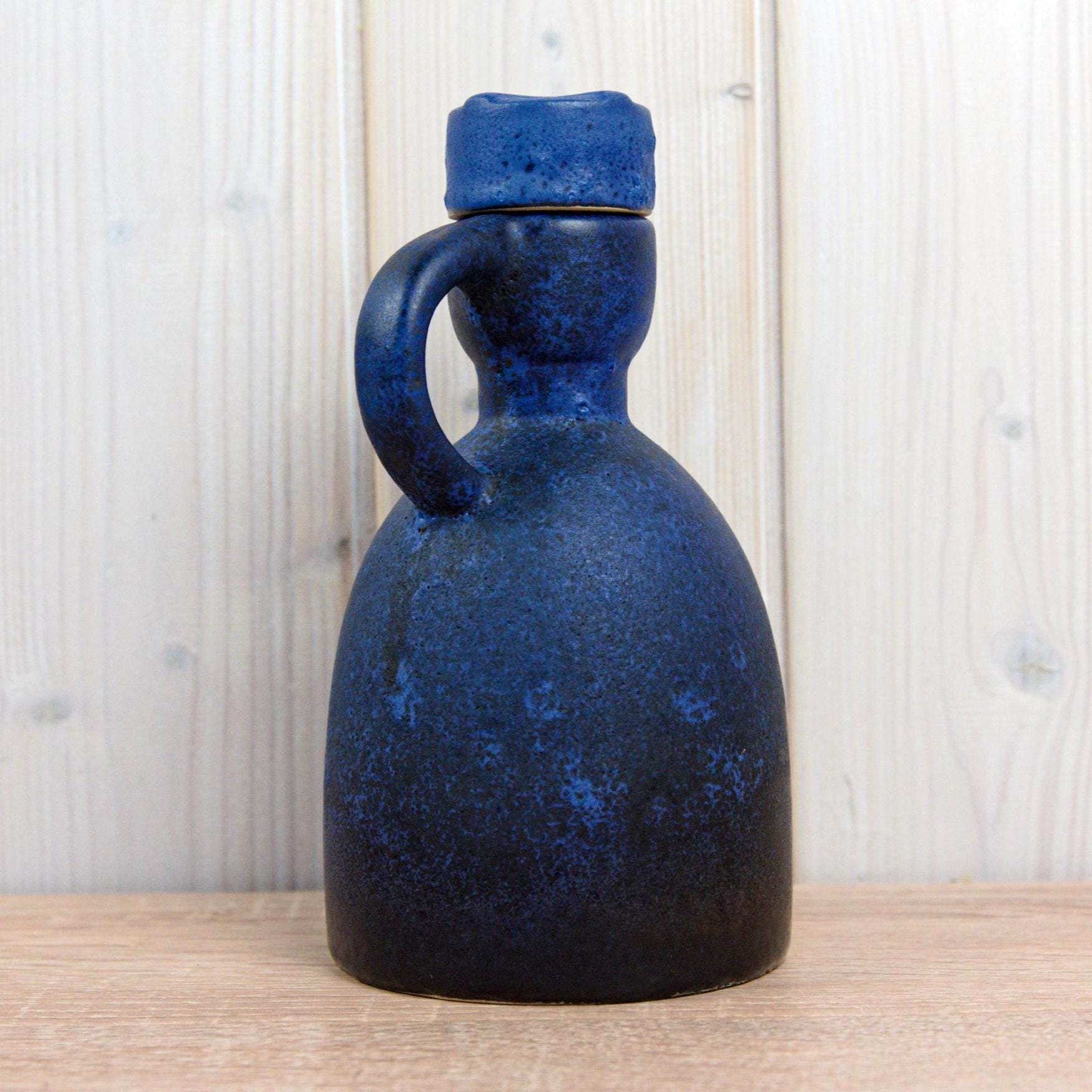 Ruscha 312 Vintage West German Pottery Jug with Stopper, Mid Century Blue Ceramic Bottle Vase