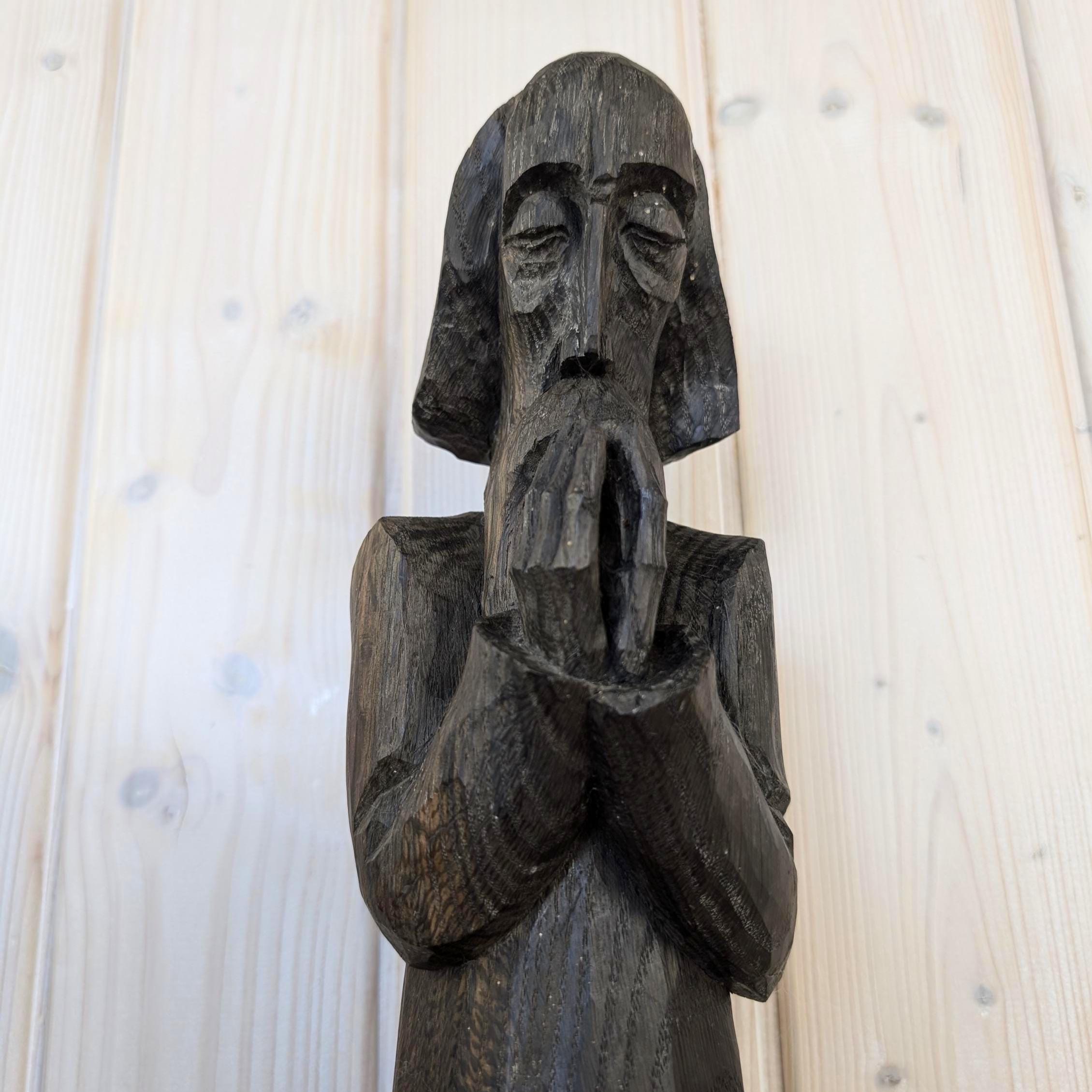 Signed Wood Carving Praying Figure, Nowakowsky, Dark Stained Folk Art Sculpture, Eastern European Religious Art, Handcarved Figurine, 1960s