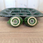 Vintage Green Ceramic Egg Tray with Rooster Salt & Pepper Shakers, Majolica Style,  1950s–1960s