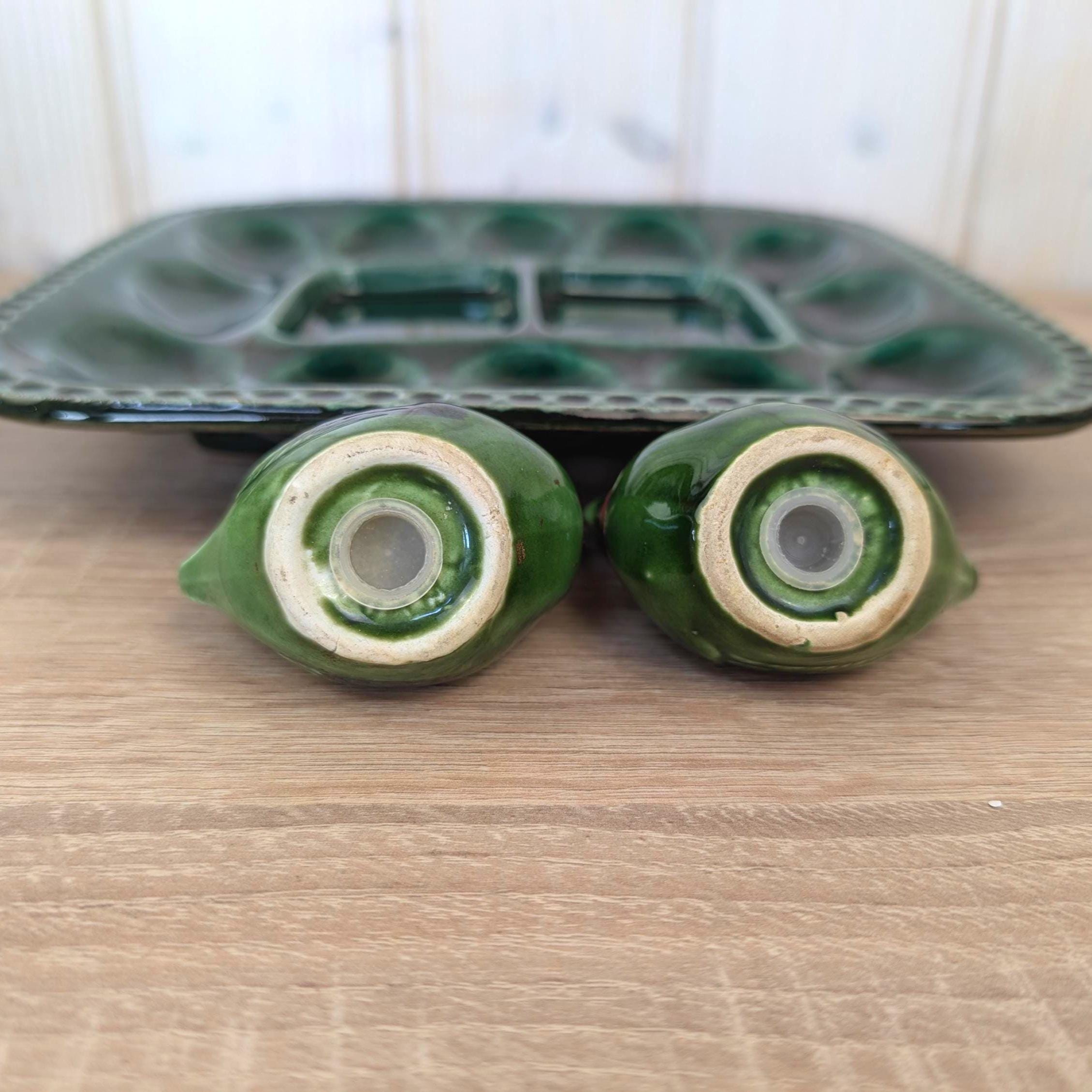 Vintage Green Ceramic Egg Tray with Rooster Salt & Pepper Shakers, Majolica Style,  1950s–1960s