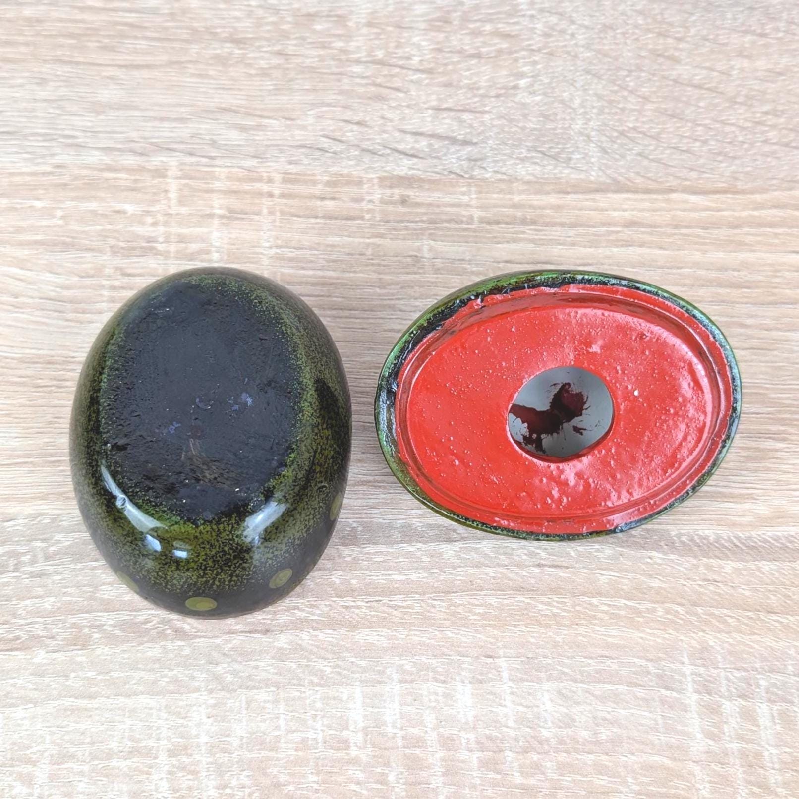 Ceramic Owl Trinket Box with Lid, Black Green Folk Art, Red Interior, Hand Painted, Latin American Pottery, 1970s