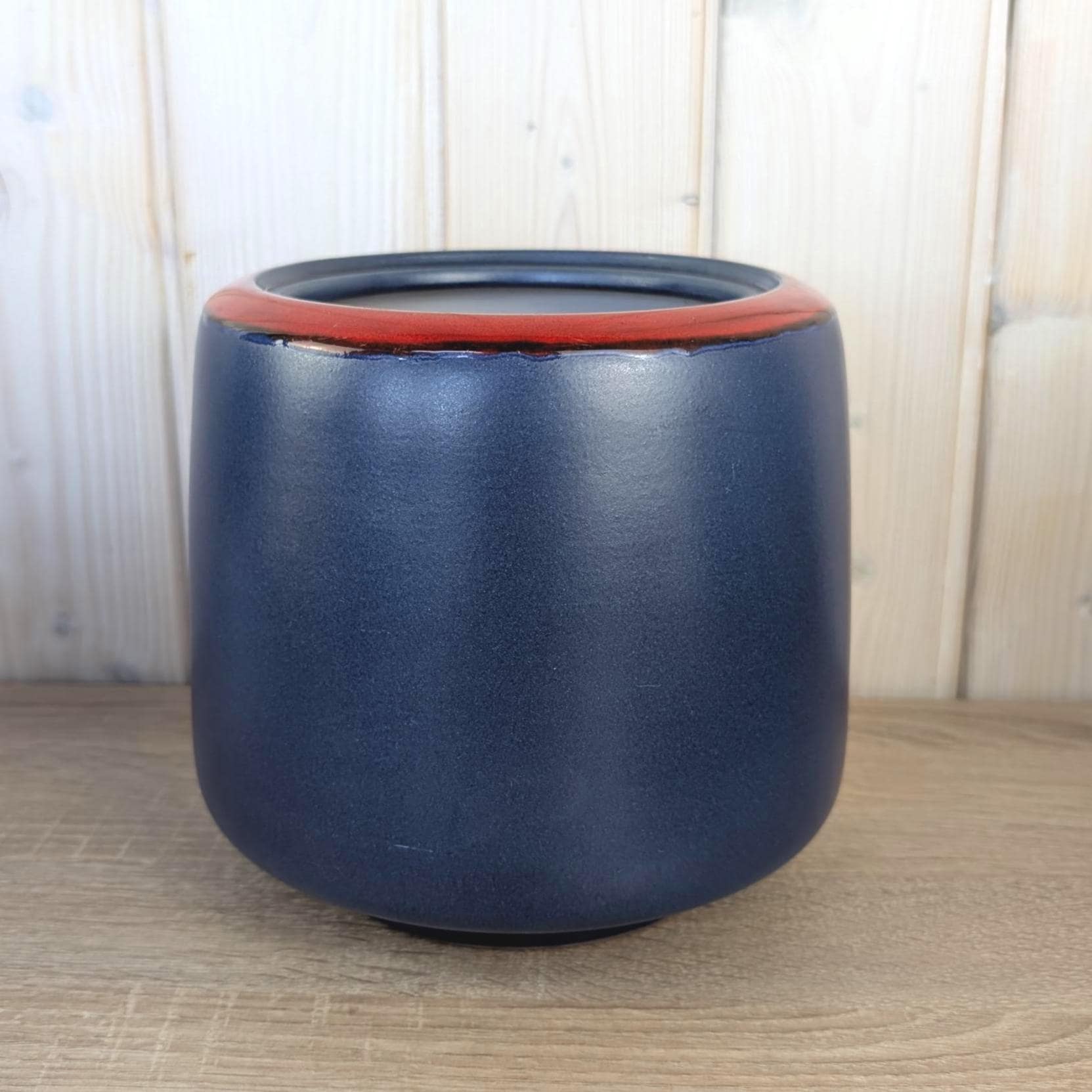 Van Daalen Pottery Ceramic Planter Vase, Navy Blue Matte Glaze, Red Rim, Model B II, 1970s West German Studio Pottery