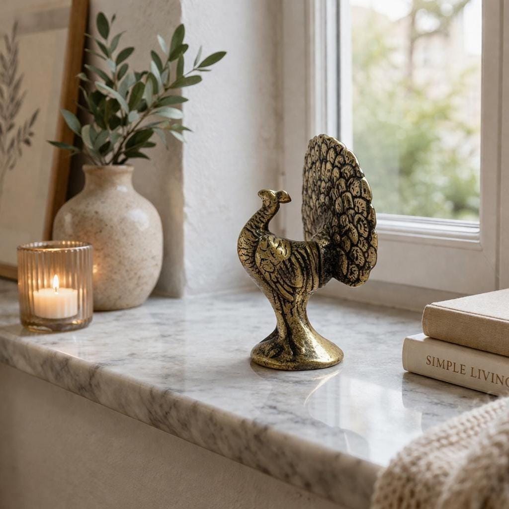 Vintage Brass Peacock Figurine, Cast Brass Fan Tail, Boho Shelf Decor, 1970s