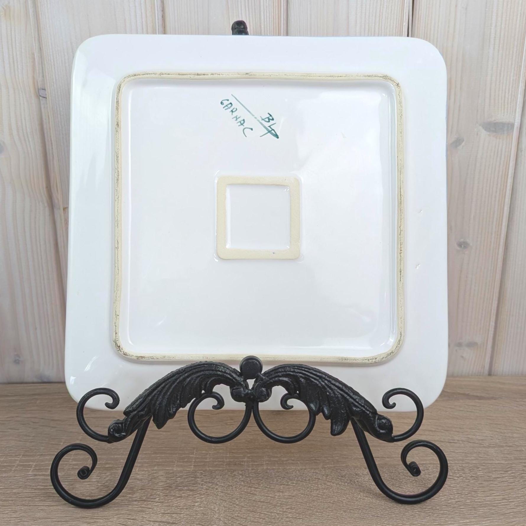 French Square Ceramic Plate, Carnac Bretagne, Blue White Allium Floral Motif, Vintage 1970s French Pottery