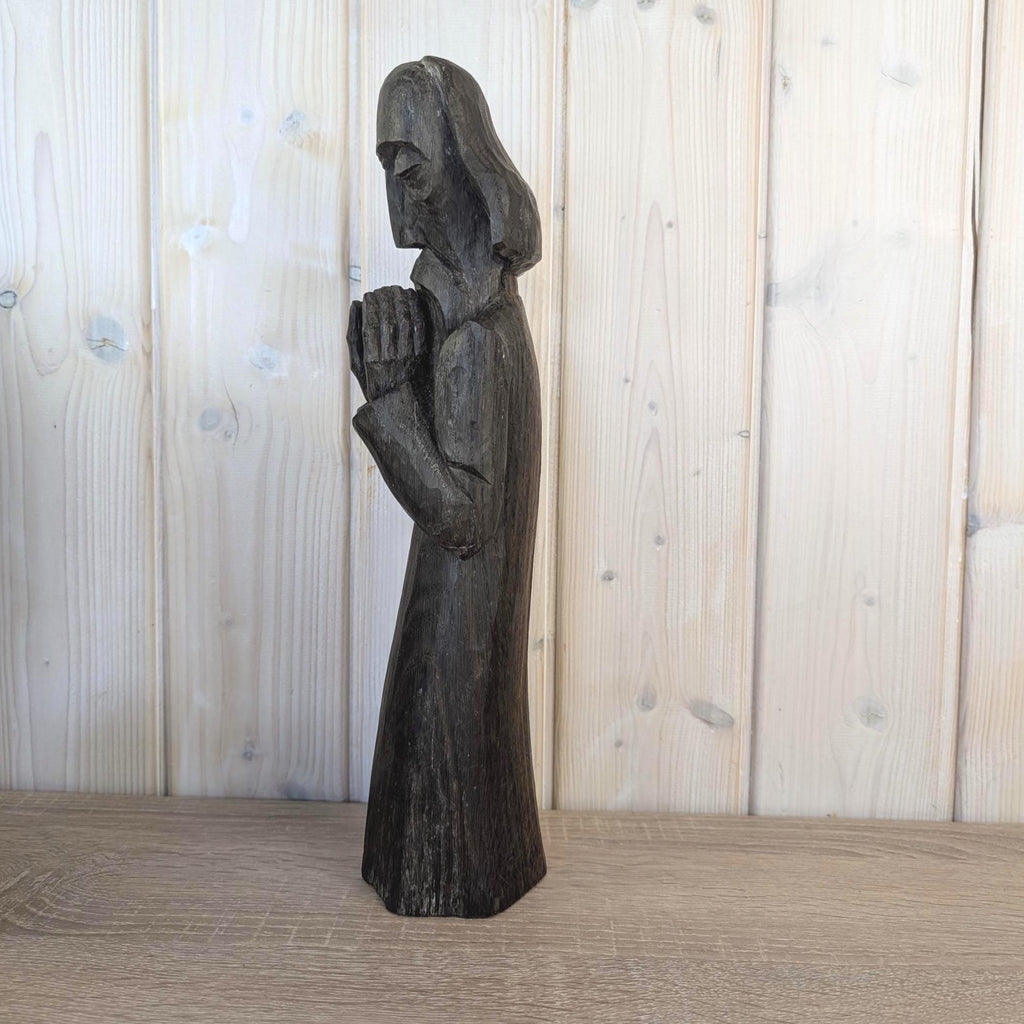 Signed Wood Carving Praying Figure, Nowakowsky, Dark Stained Folk Art Sculpture, Eastern European Religious Art, Handcarved Figurine, 1960s