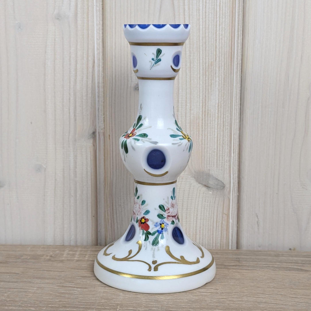 Handpainted Bohemian Candleholder, White Glass with Blue Cut Accents, Central Europe, Vintage