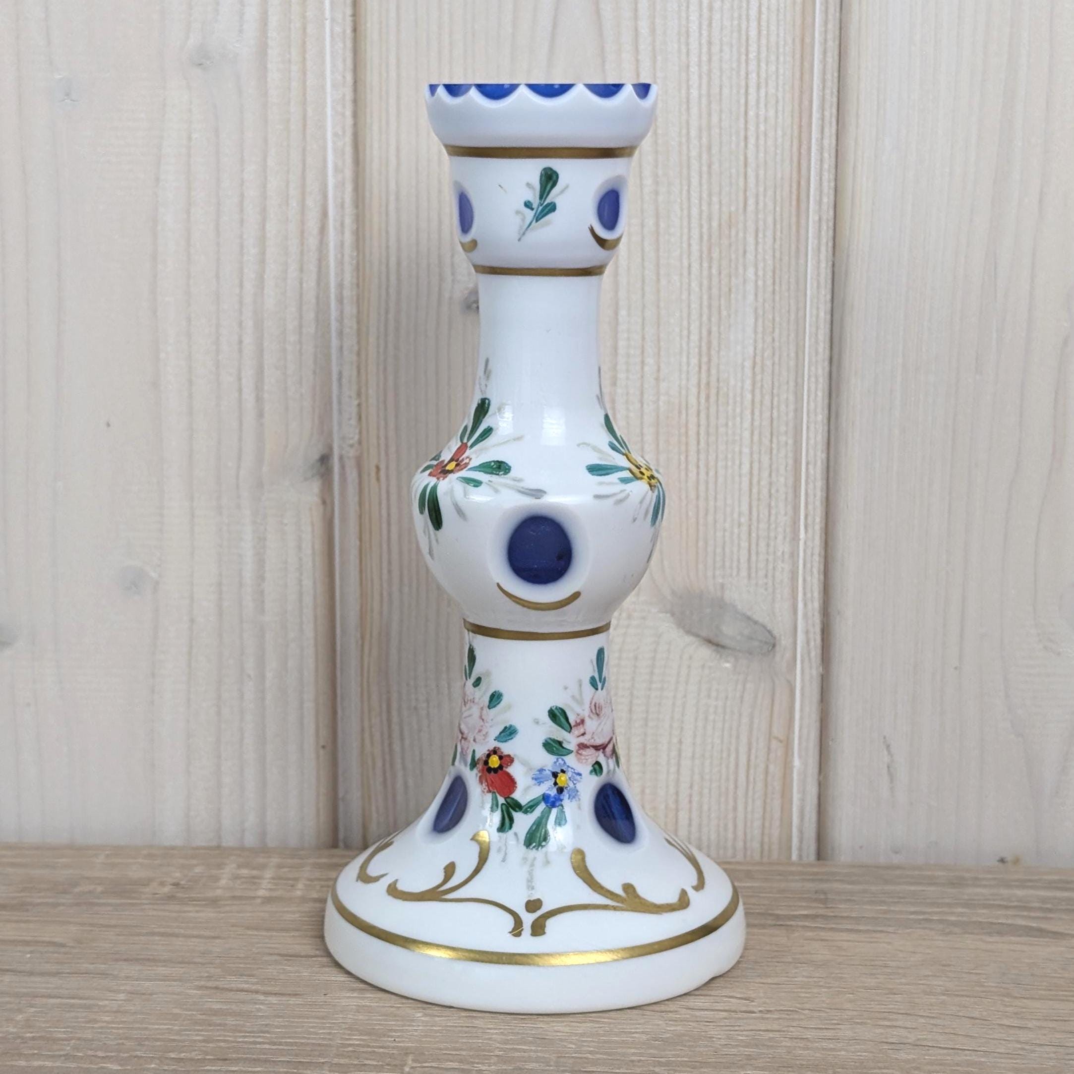 Handpainted Bohemian Candleholder, White Glass with Blue Cut Accents, Central Europe, Vintage
