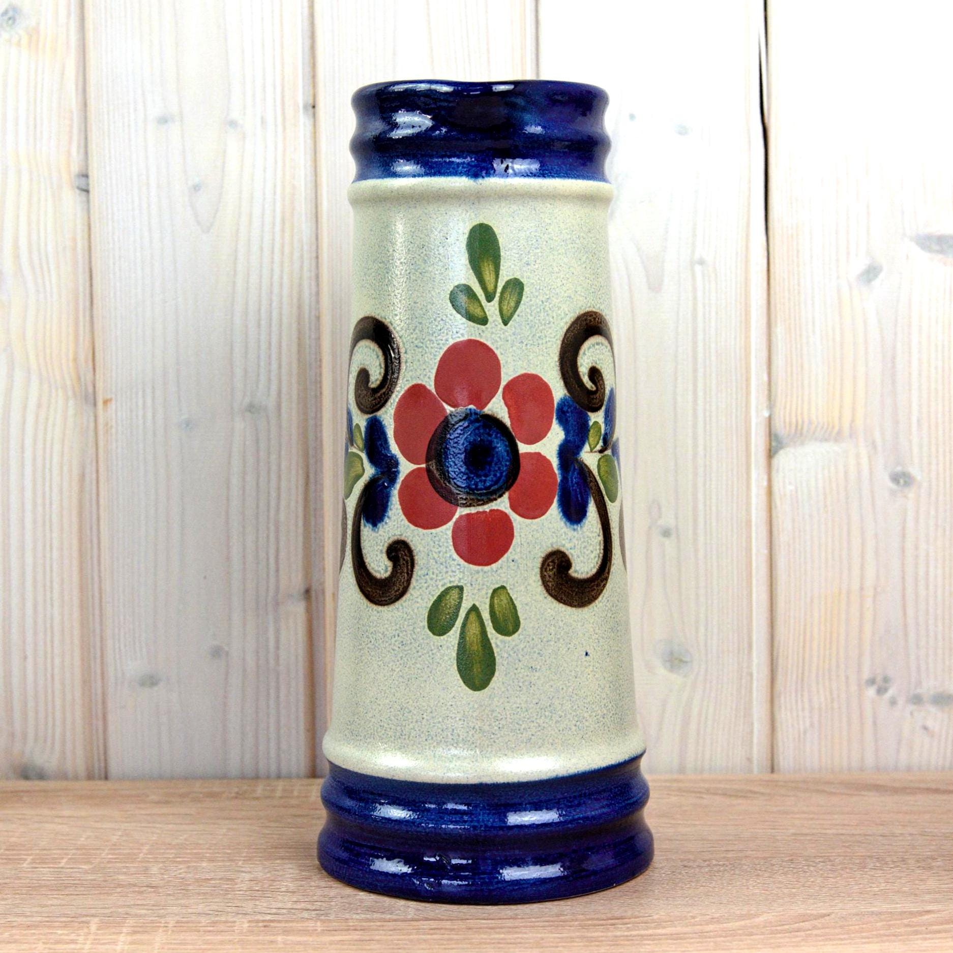 Knödgen 2560 Vintage Ceramic Jug Set West Germany, Floral Pottery Pitchers Blue Red Decor, Mid Century Kitchen Decor