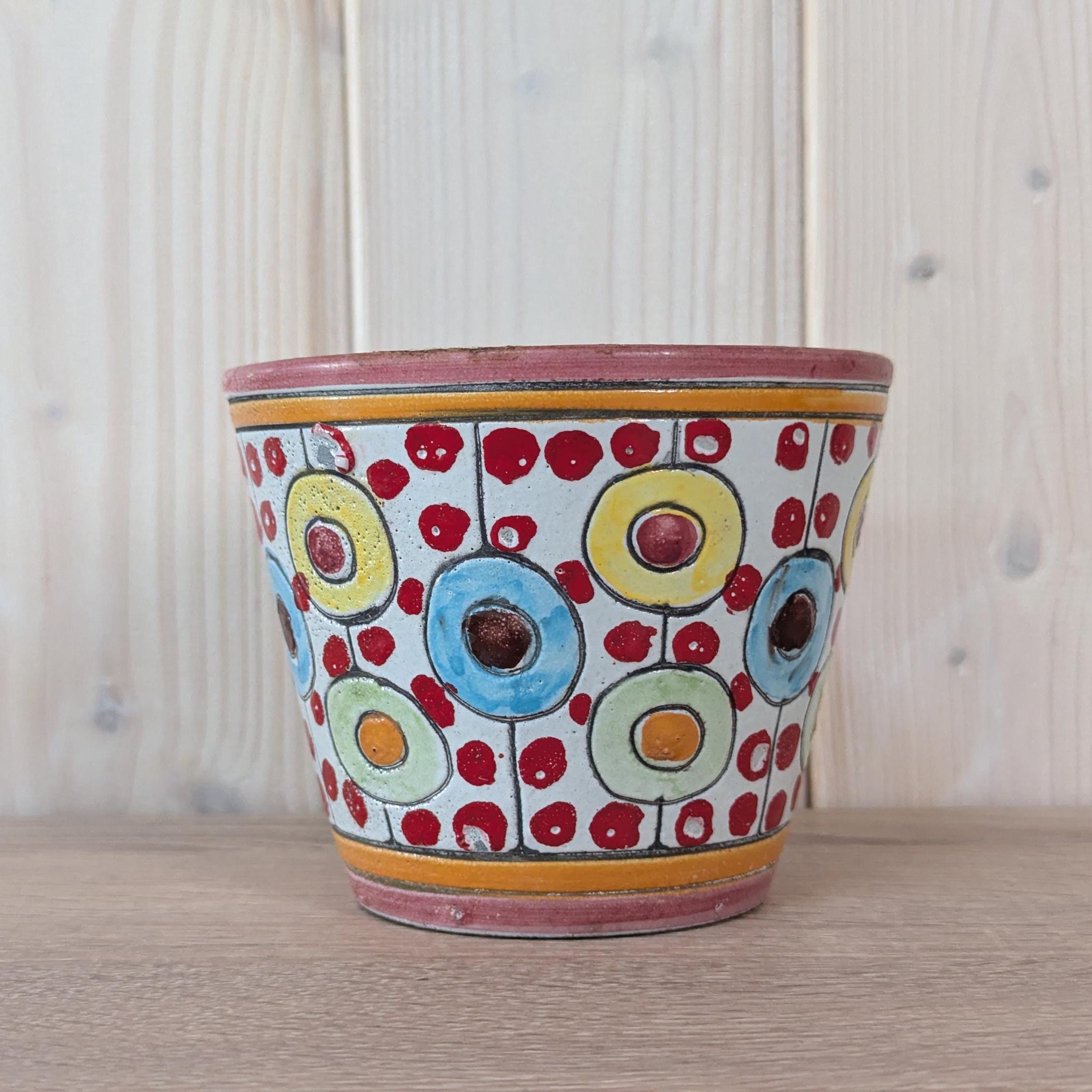 Colorful Italian Ceramic Planter, 1970s Art Pottery Flower Pot, Retro Mid Century Decor