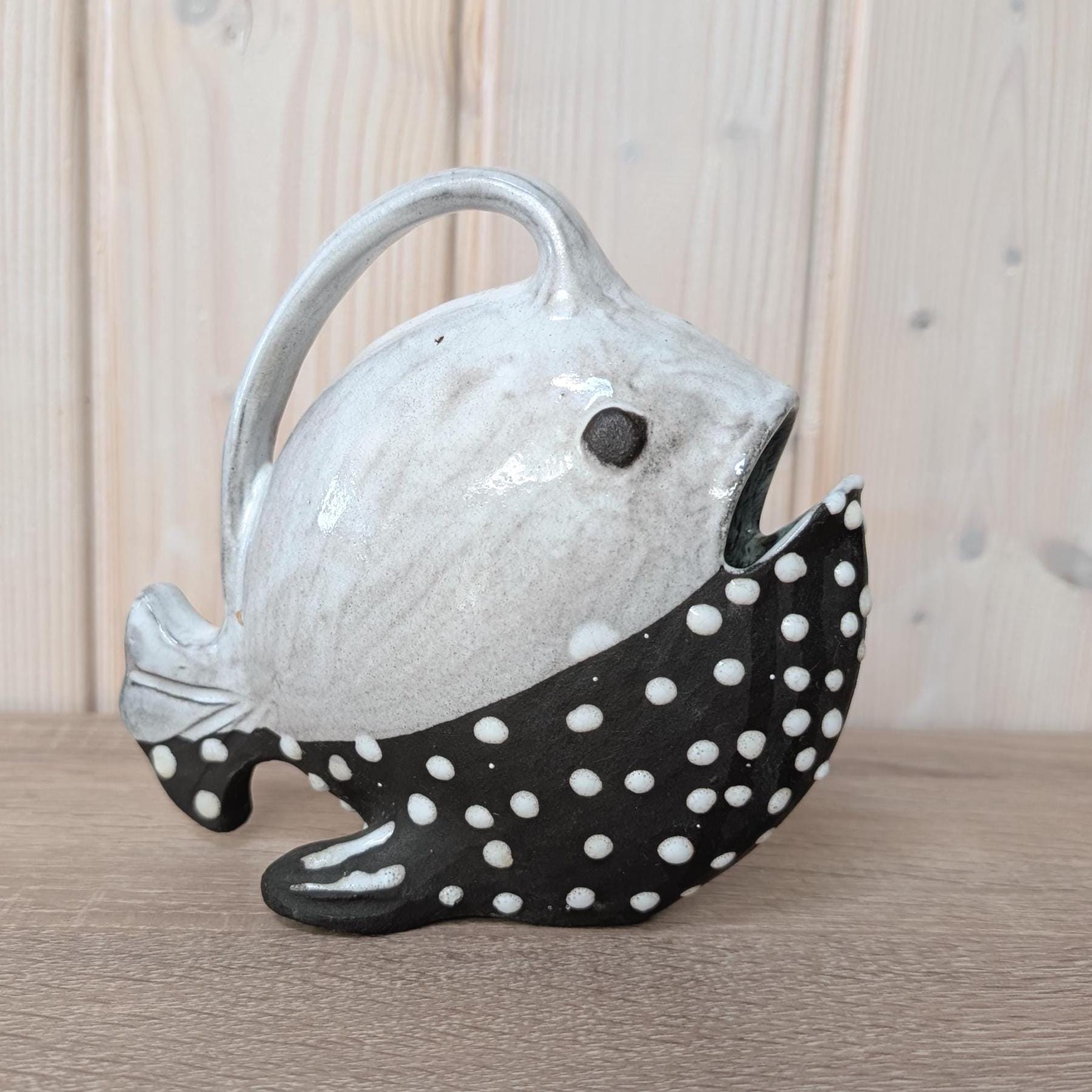 Vintage Gabbianelli Fish Pitcher, Marked G Italy, 1960s MCM Ceramic Jug Vase, Black White Dotted Studio Pottery