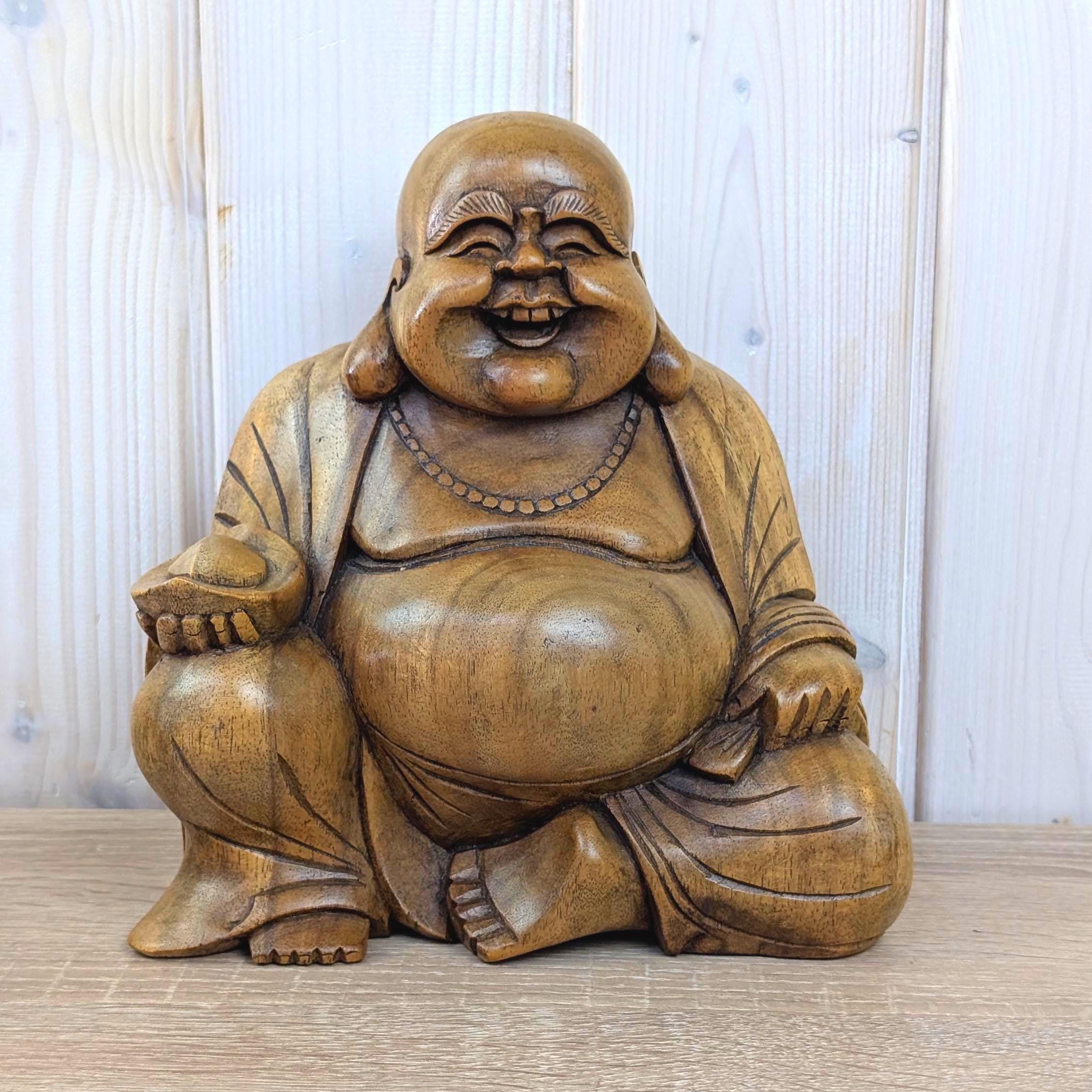 Laughing Buddha Statue Hand Carved Wood, Sitting Budai Figurine, Happiness Wealth Sculpture, Vintage Asian Folk Art, 1980s