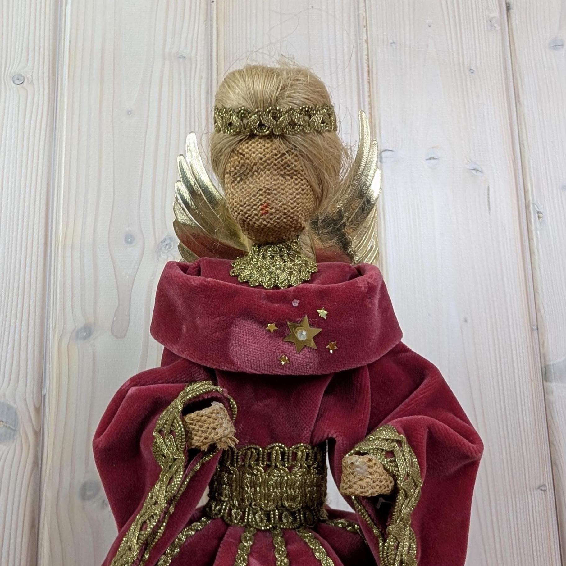 Vintage Angel Tree Topper Velvet Dress Gold Wings Christmas Decor