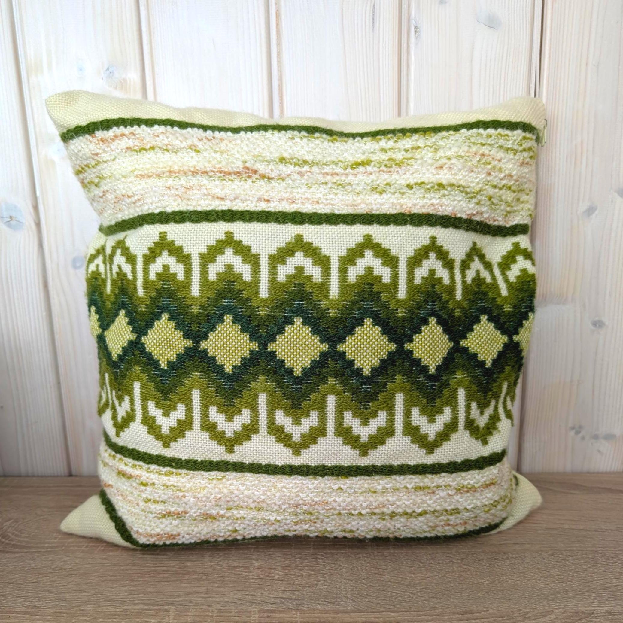 Vintage 1970s Green Needlepoint Cushion with Boucle Weave, Hand Embroidered Geometric Folk Pattern, Retro Home Decor with Insert