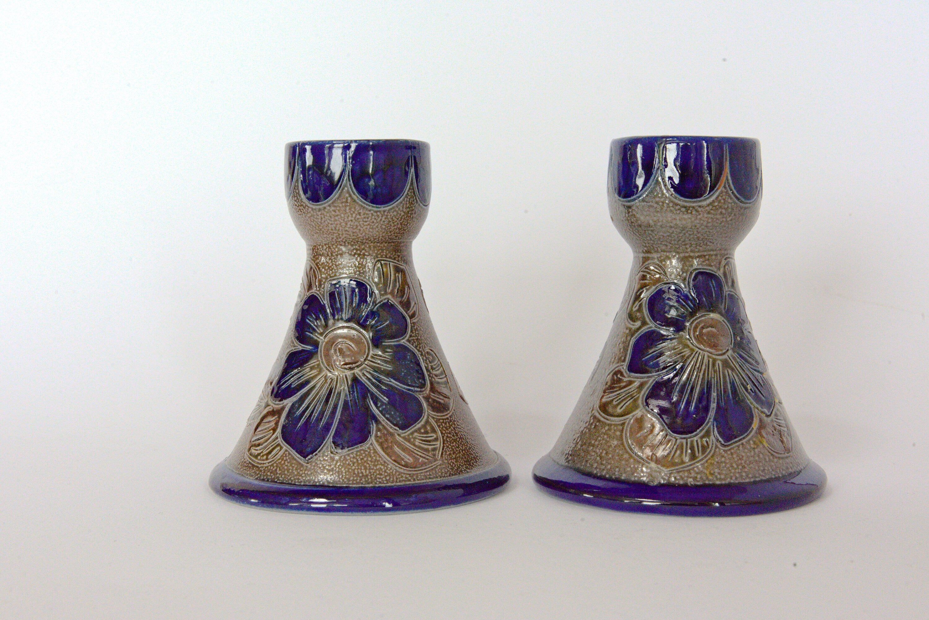 German Salz-Glazed Pottery Candle Holders: Floral Design, Set of 2