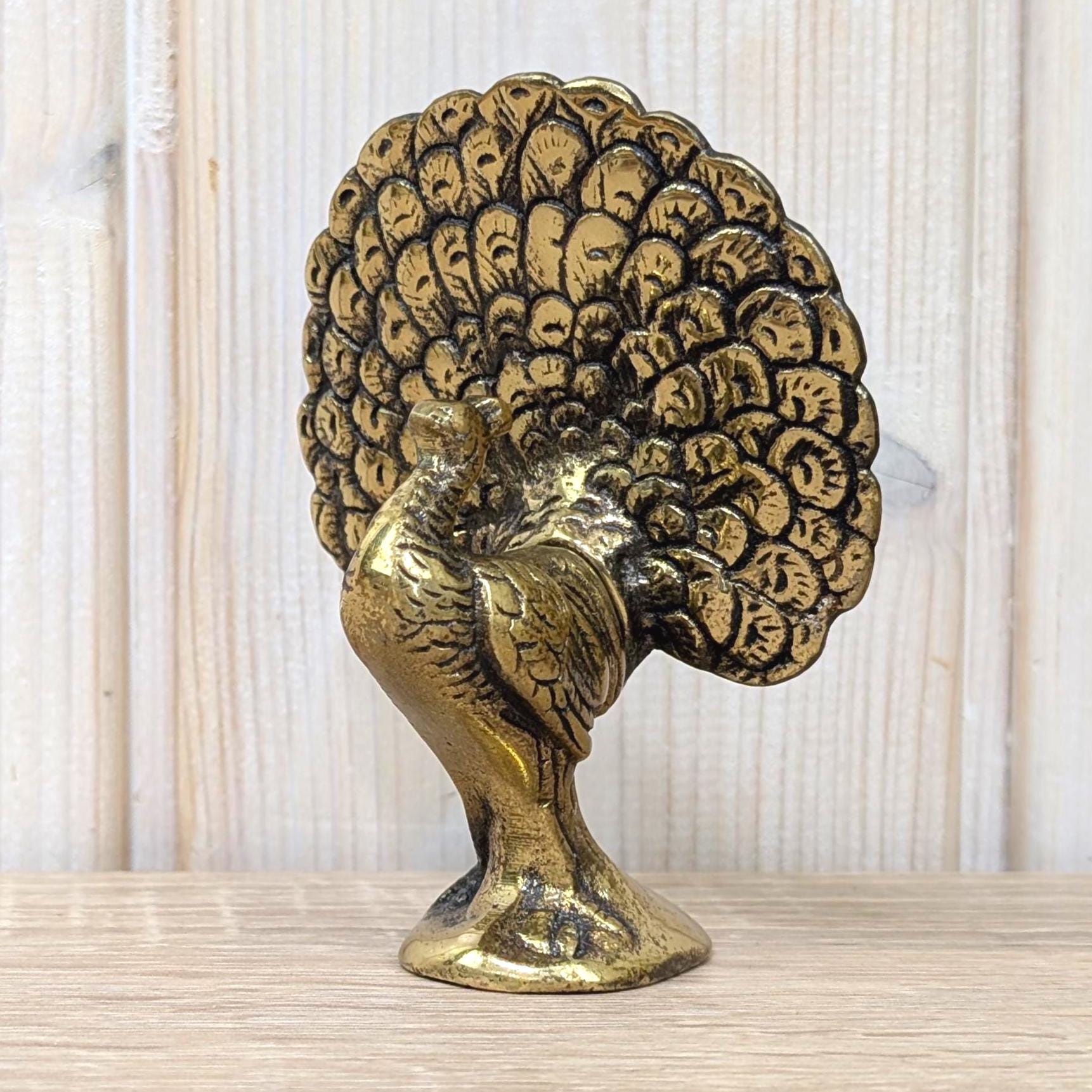 Vintage Brass Peacock Figurine, Cast Brass Fan Tail, Boho Shelf Decor, 1970s