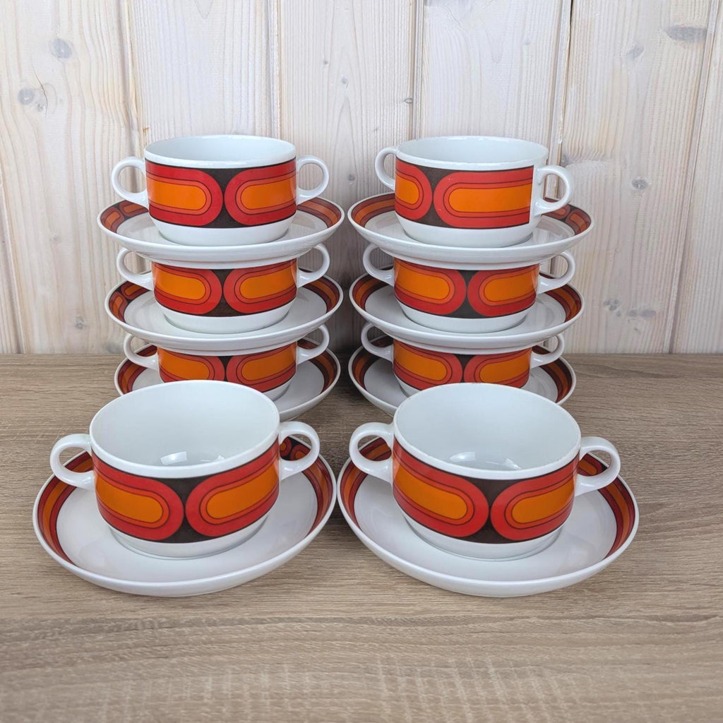 Arzberg Sizilia 3000 Soup Bowl Set of 8 with Saucers, Hans Theo Baumann, Orange Red, 1970s German Porcelain
