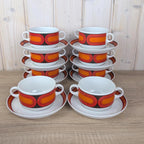 Arzberg Sizilia 3000 Soup Bowl Set of 8 with Saucers, Hans Theo Baumann, Orange Red, 1970s German Porcelain