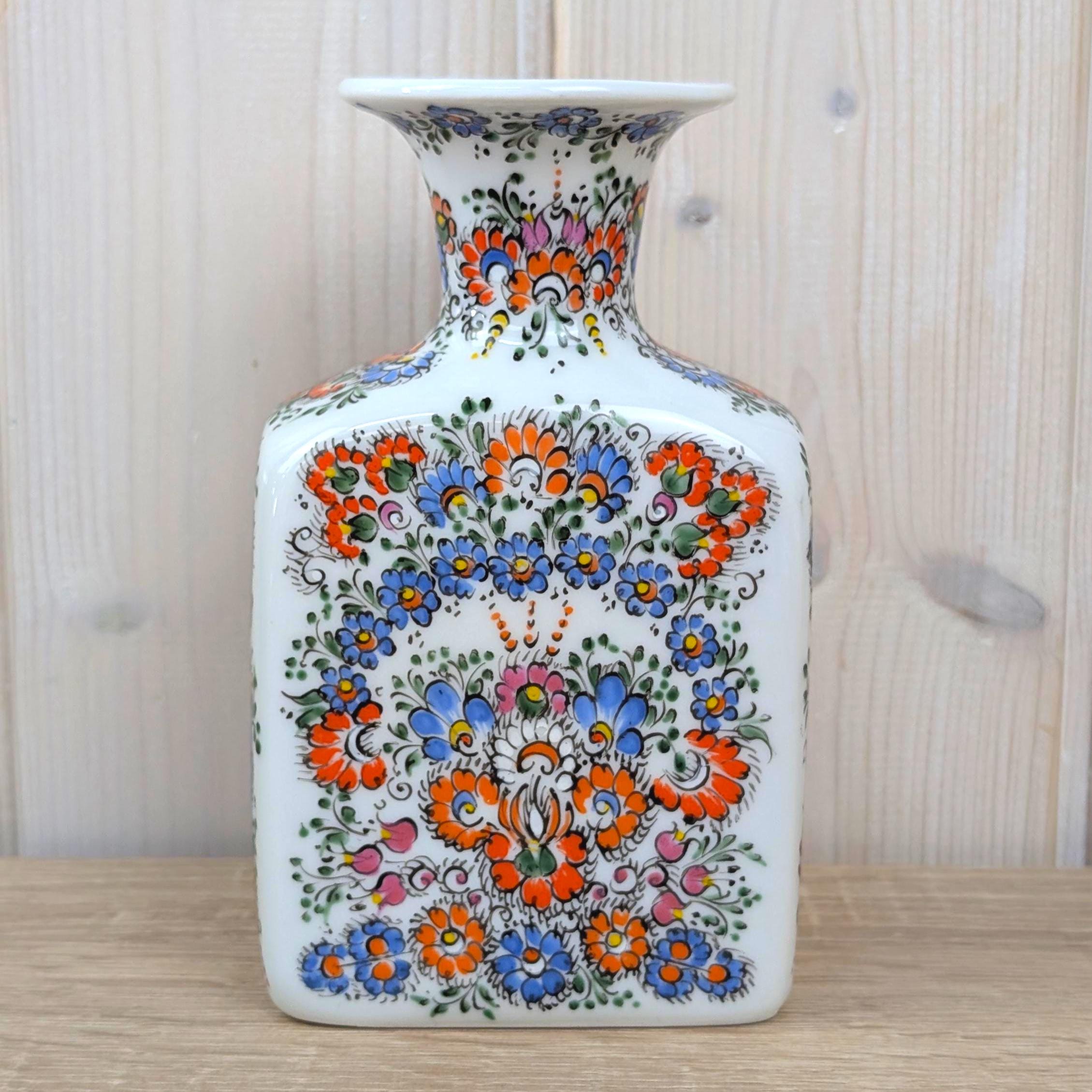 Wawel Poland Folk Art Vase, Hand Decorated Ceramic, Square Bottle Vase, Łowicz Floral Pattern, Cepelja Opole, 1990s Vintage