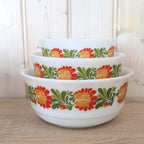 Schott Mainz Jenaer Glas Nesting Bowl Set, Milk Glass, Floral Folk Pattern, Set of 3, West Germany, 1970s