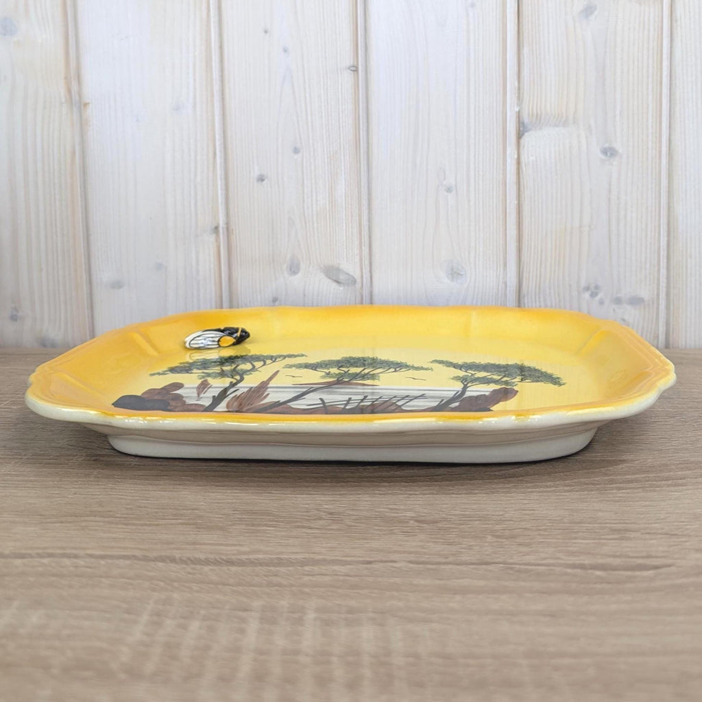 Vallauris A Ferlay Yellow Ceramic Platter with 3D Cicada, Provencal Landscape, French Pottery 1950s, Wall Decor or Serving Dish