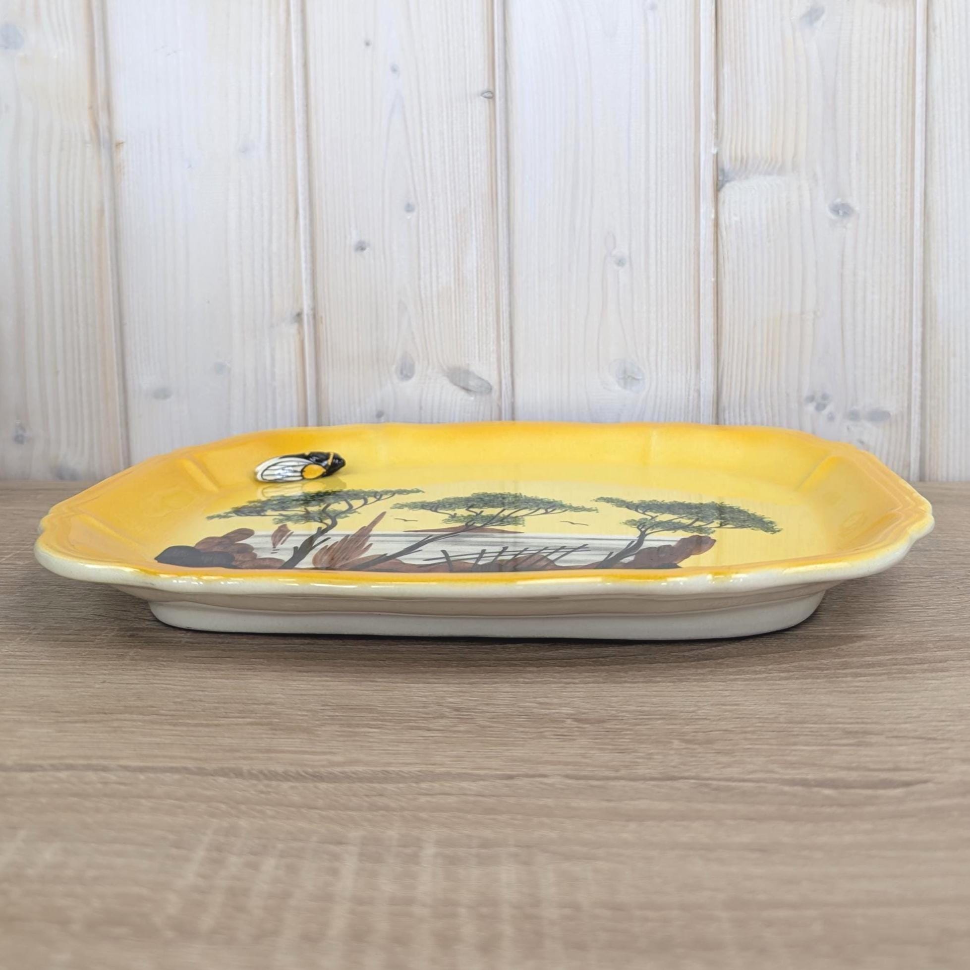Vallauris A Ferlay Yellow Ceramic Platter with 3D Cicada, Provencal Landscape, French Pottery 1950s, Wall Decor or Serving Dish