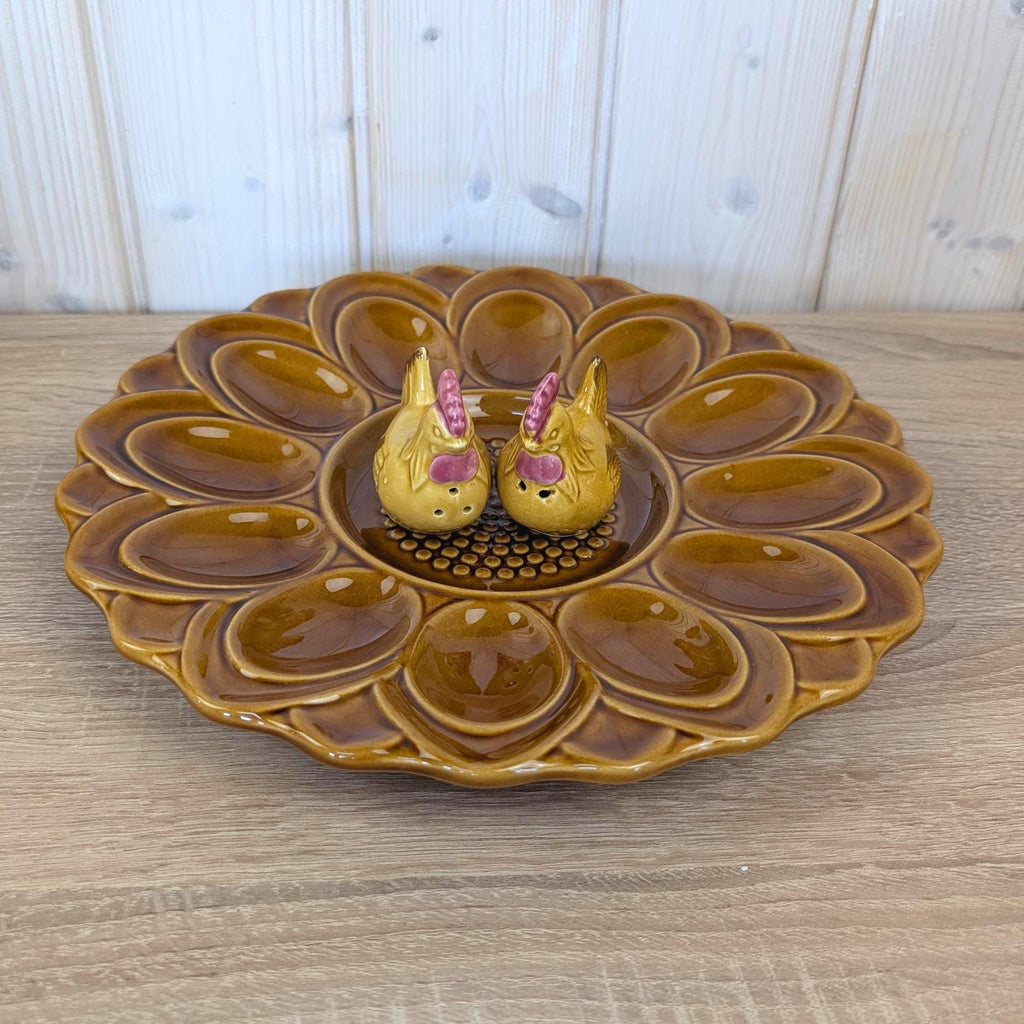Hollóháza Hungary Egg Plate with Rooster Salt & Pepper Shakers, Amber Glaze, 1960s