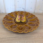Hollóháza Hungary Egg Plate with Rooster Salt & Pepper Shakers, Amber Glaze, 1960s