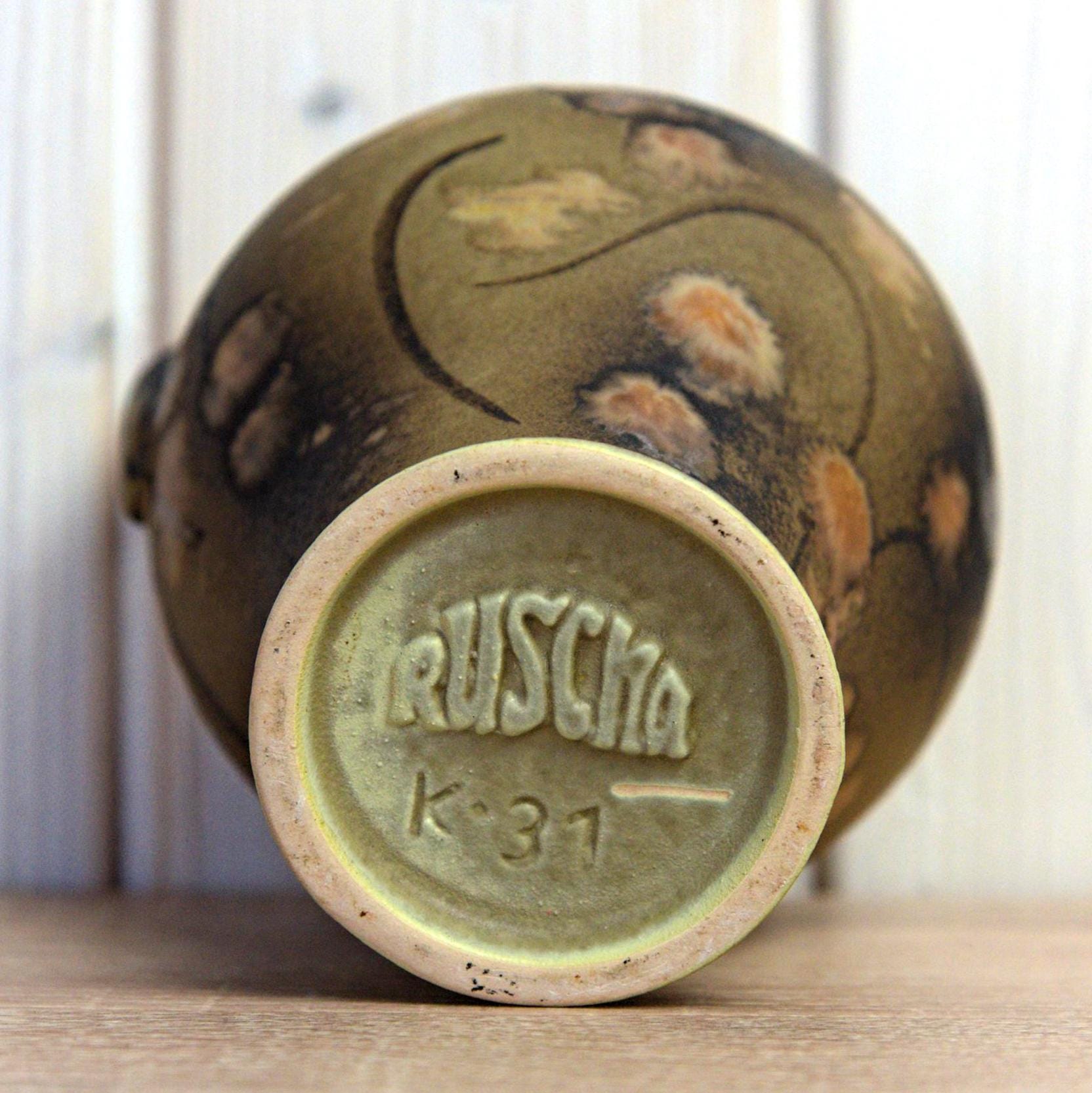 Ruscha K-31 Vase West Germany, Mid Century Ceramic Vase with Handle, Brown Beige Abstract Pottery