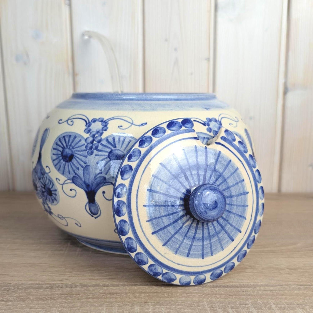 Allgäuer Keramik Altständten Punch Bowl Set, Blue White Folk Art, 6 Cups, Ladle, Handarbeit, 1970s German Studio Pottery
