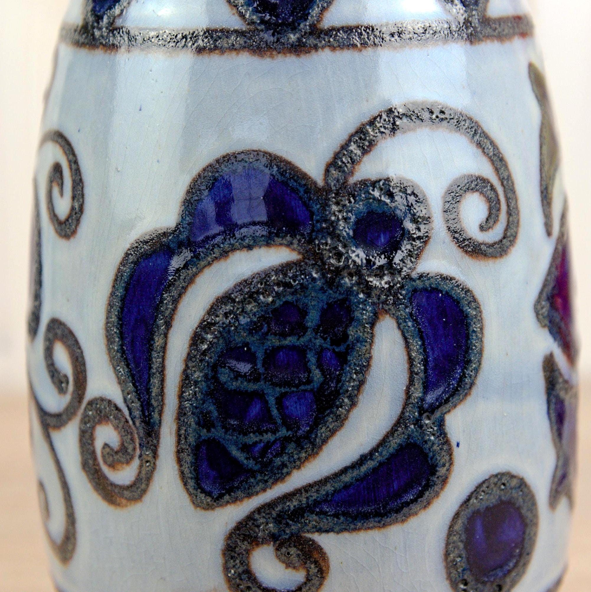 Scheurich 484 27 Vintage West German Pottery Jug, Blue Floral Vase with Handle, Mid Century Ceramic, 27 cm