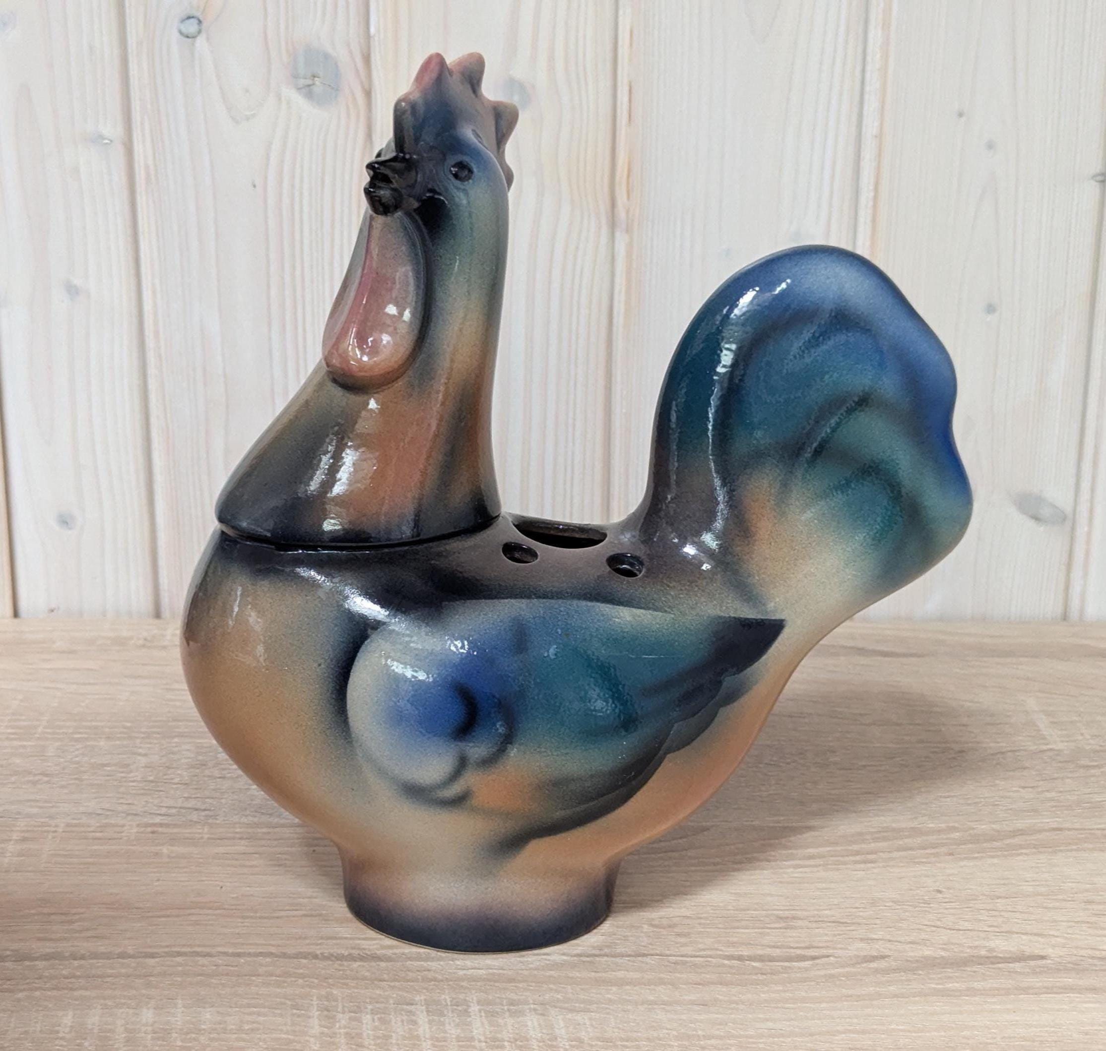 DENK ceramic rooster vase, multitone glaze decor piece, European origin, vintage