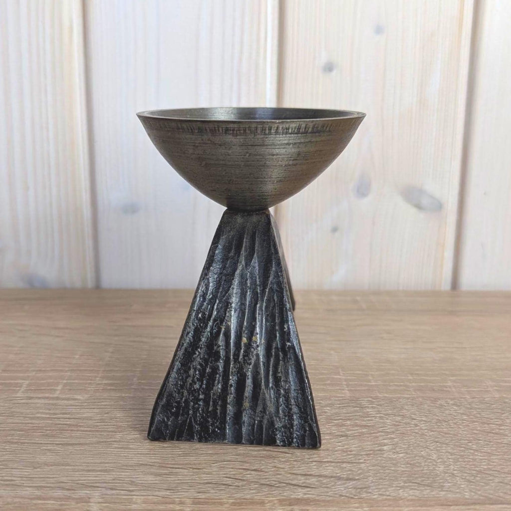 Brutalist Forged Iron Candleholder, Sculptural Two-Leg Base, Metal Cup, Mid Century Modern, 1960s