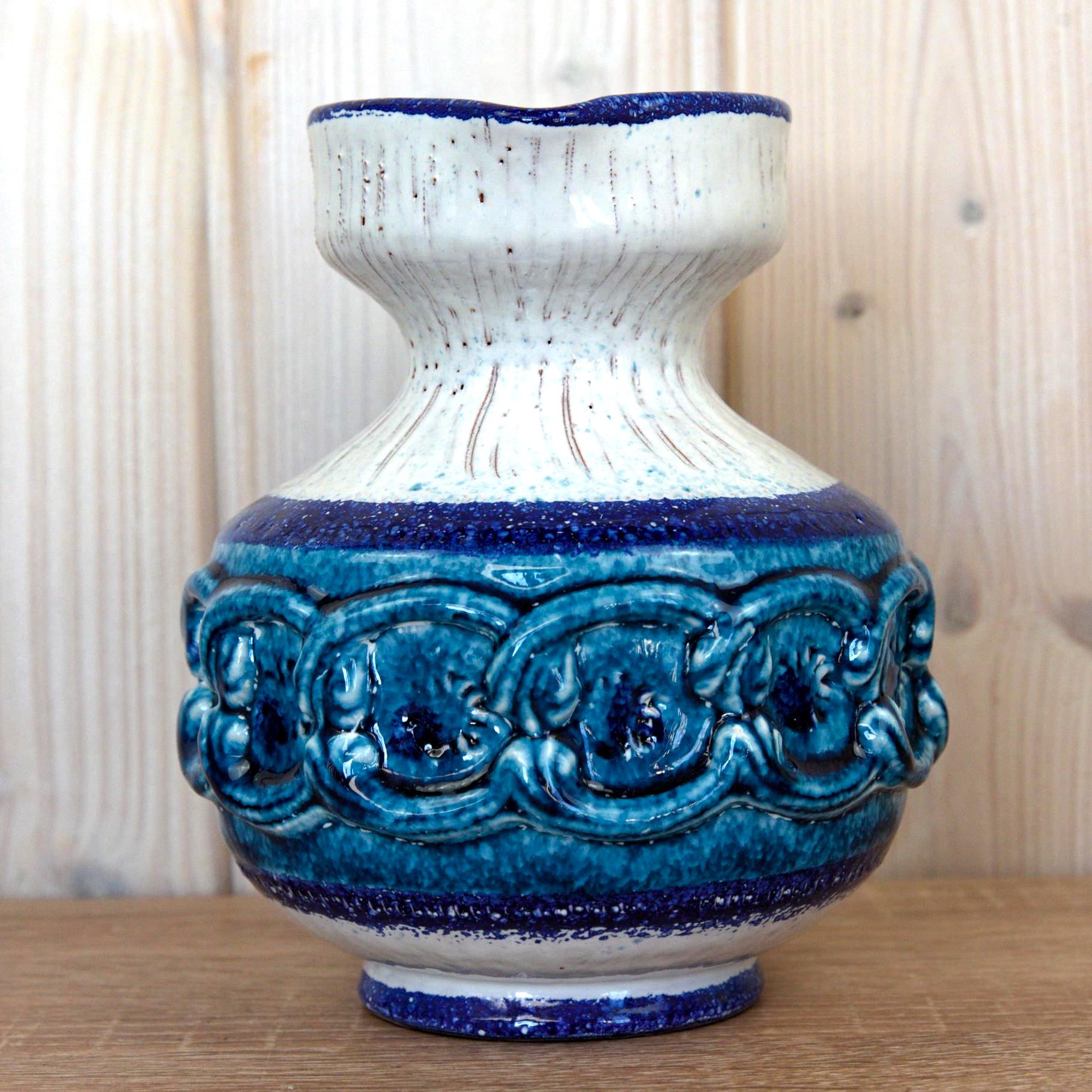 Nuovo Rinascimento Italian Ceramic Jug Vintage Blue Relief Pitcher Mid Century Decor