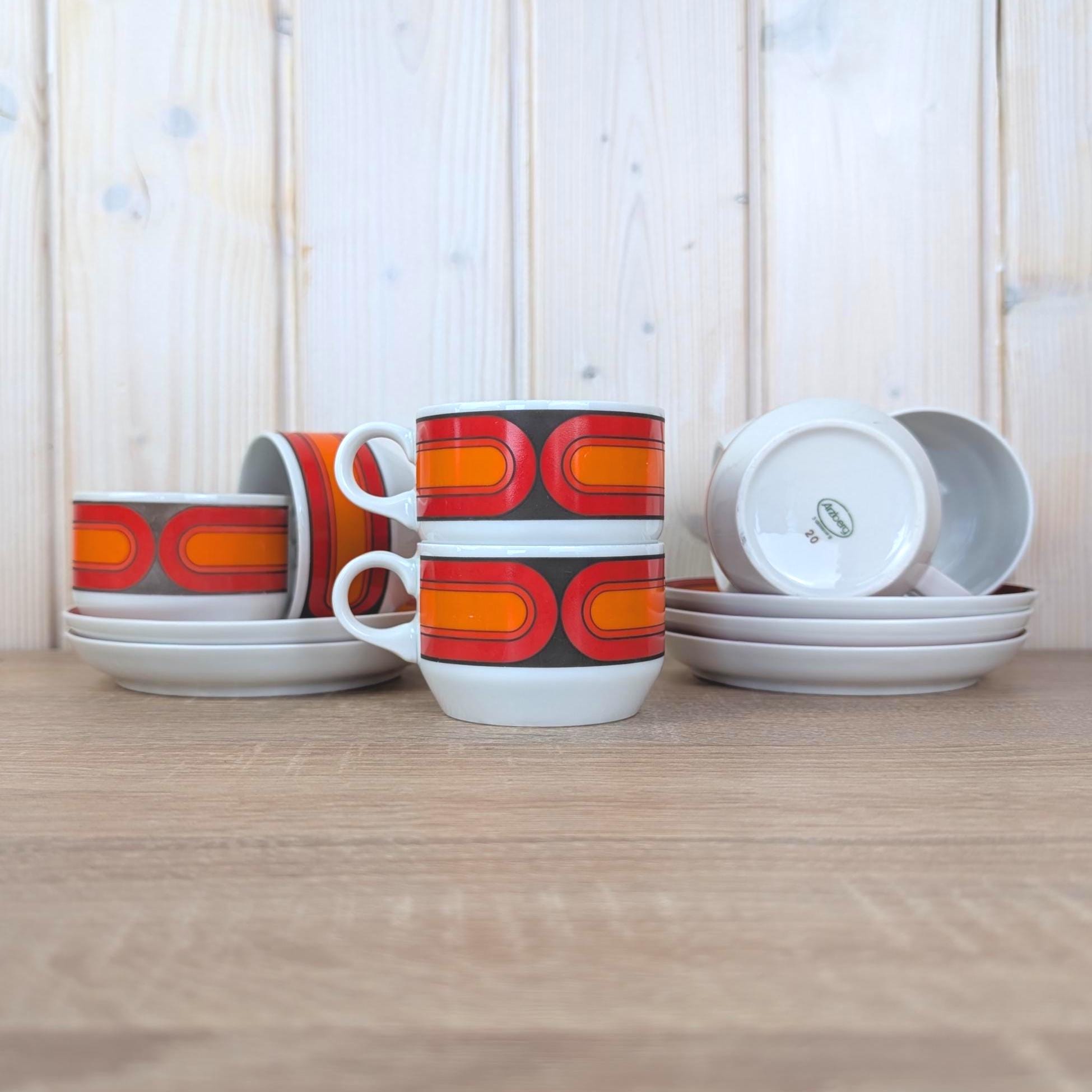 Arzberg Sizilia 3000 Cup and Saucer, Hans Theo Baumann, Orange Red, 1970s German Porcelain, Set of 5