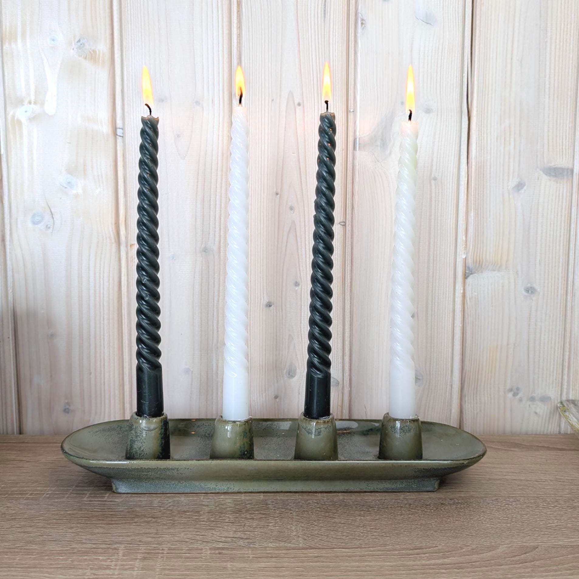 Ceramic Advent Candle Holder 4 Candles, Stoneware Tray Candleholder, Sage Green Reactive Glaze, Christmas Table Decor