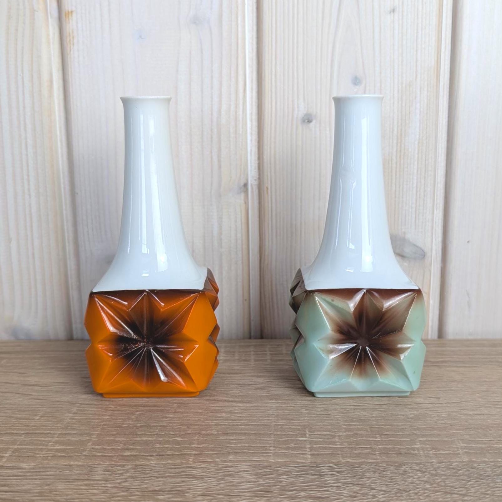 Schumann Arzberg Bavaria Porcelain Bud Vase, Geometric Star Relief, White Neck, 1960s West German Porcelain, Your Choice of Color