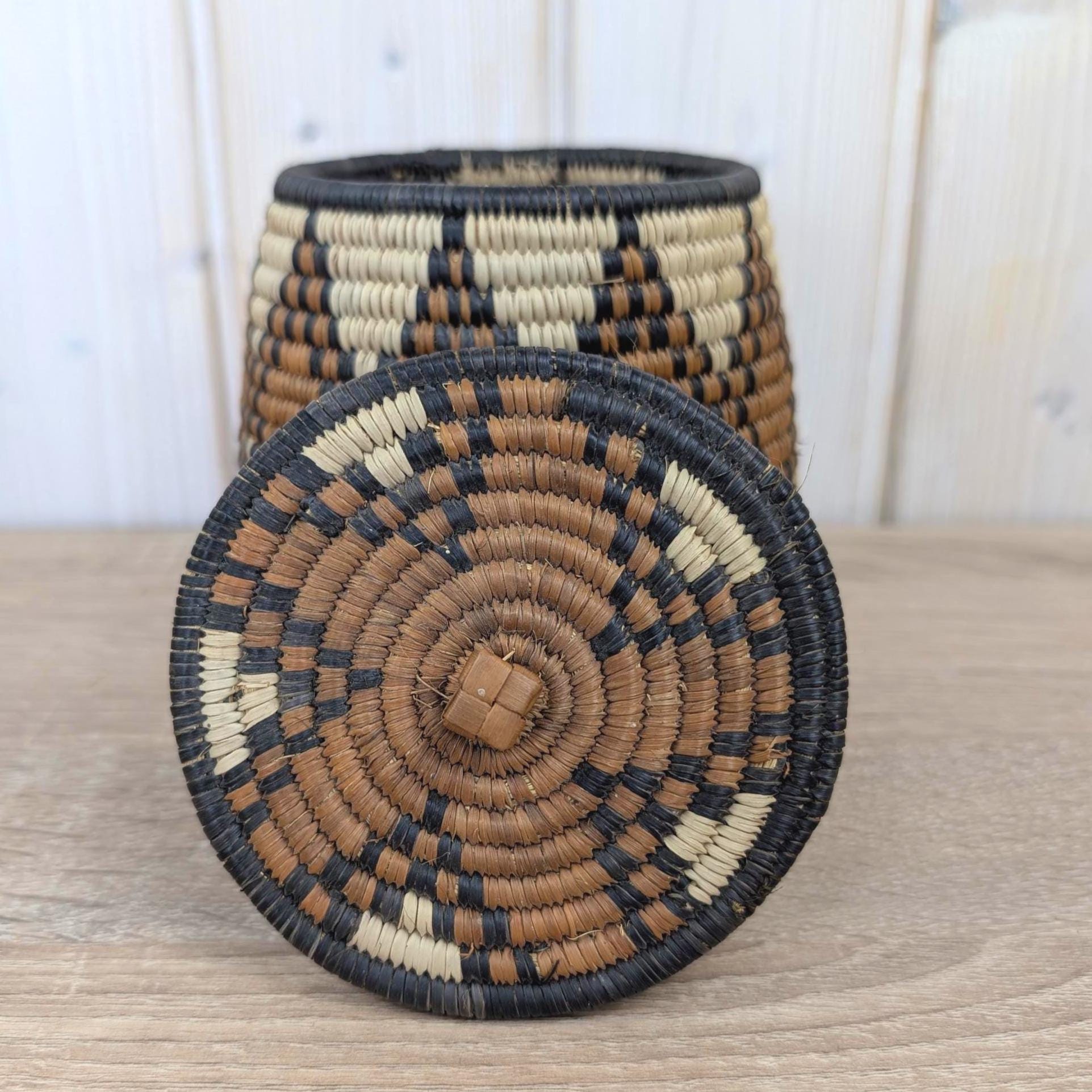 African Coiled Grass Basket with Lid, Geometric Pattern, Hand Woven, Natural Brown Black, Tribal Folk Art, 1970s 1980s