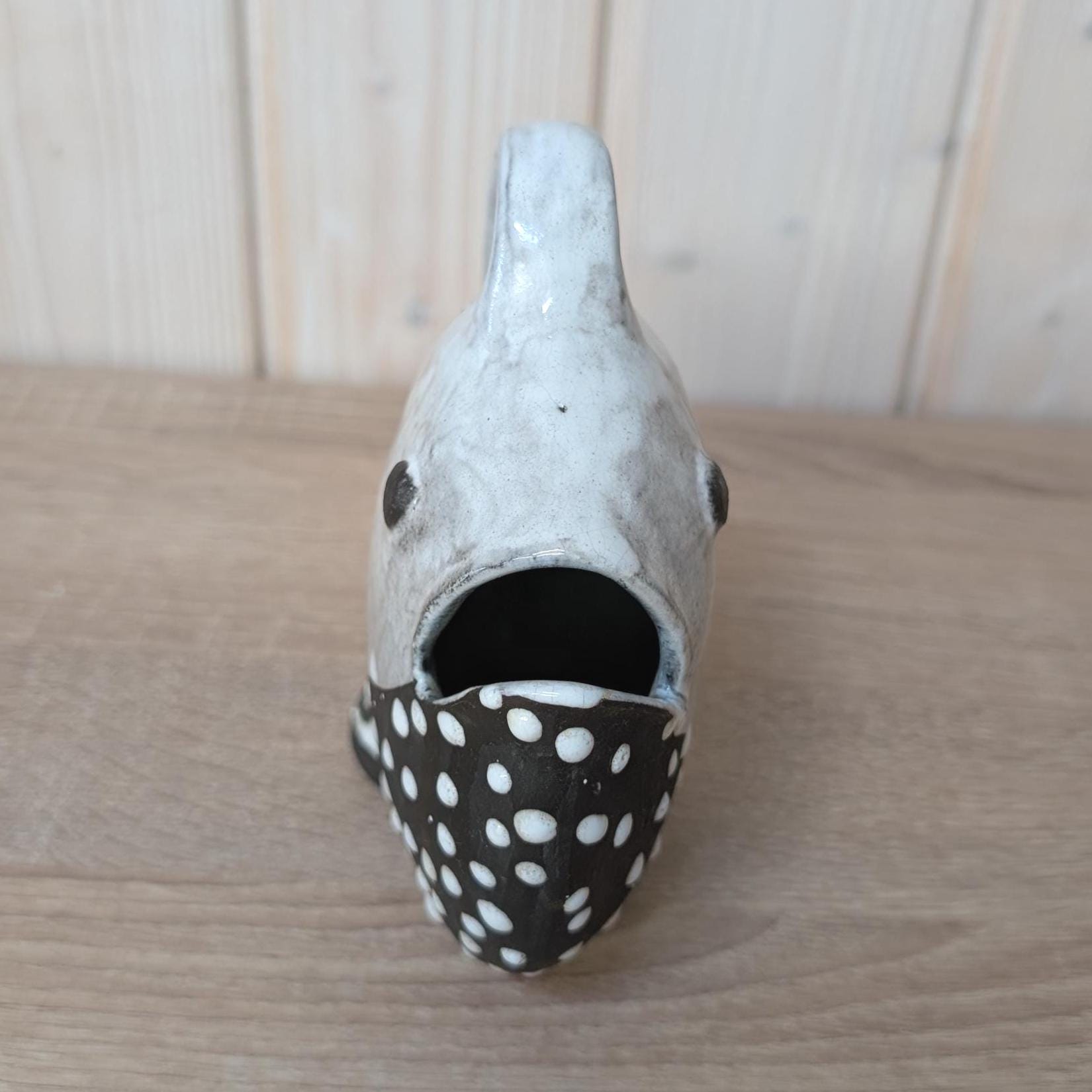 Vintage Gabbianelli Fish Pitcher, Marked G Italy, 1960s MCM Ceramic Jug Vase, Black White Dotted Studio Pottery