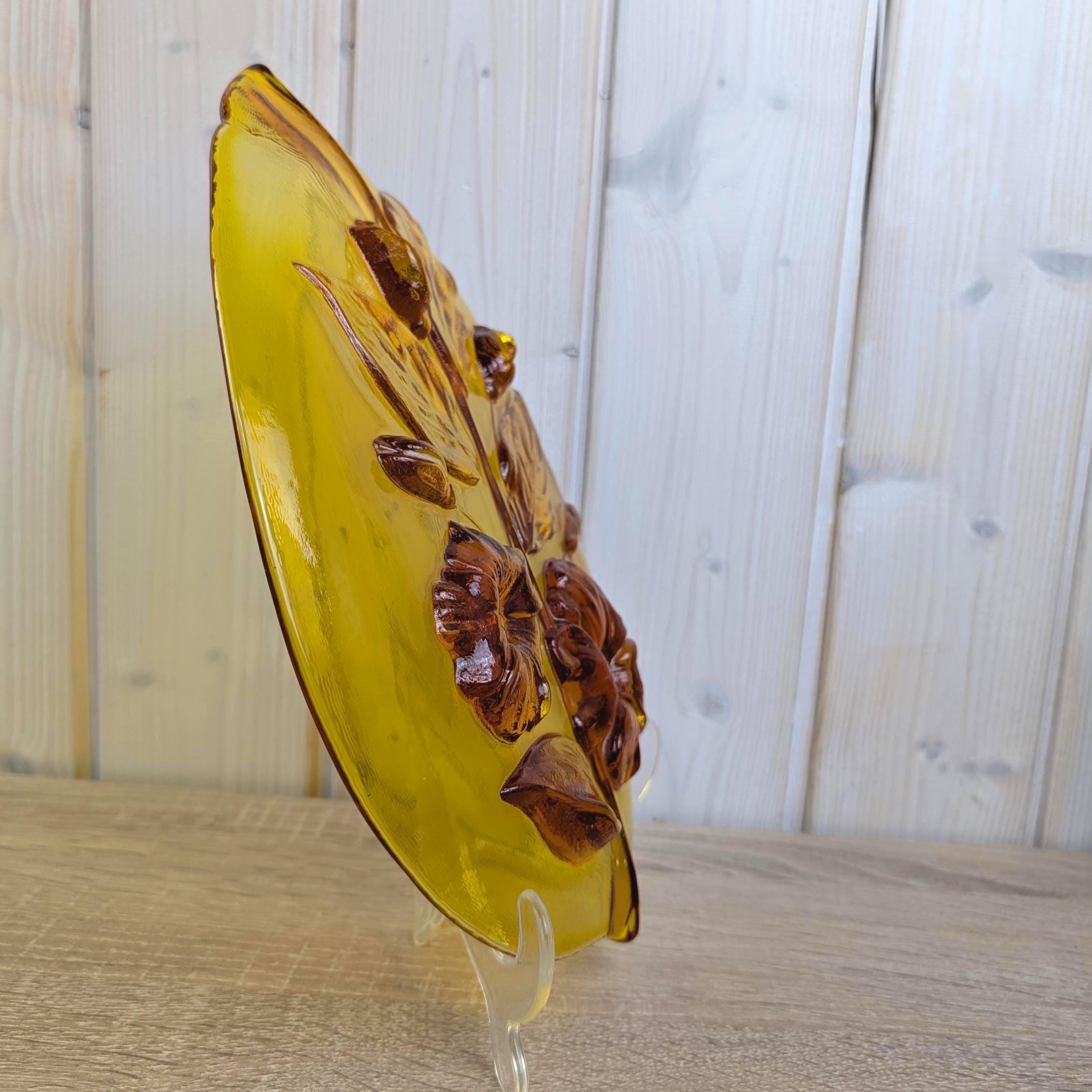 Vintage Amber Glass Leaf Dish, Floral Relief, European Pressed Glass, Mid-Century
