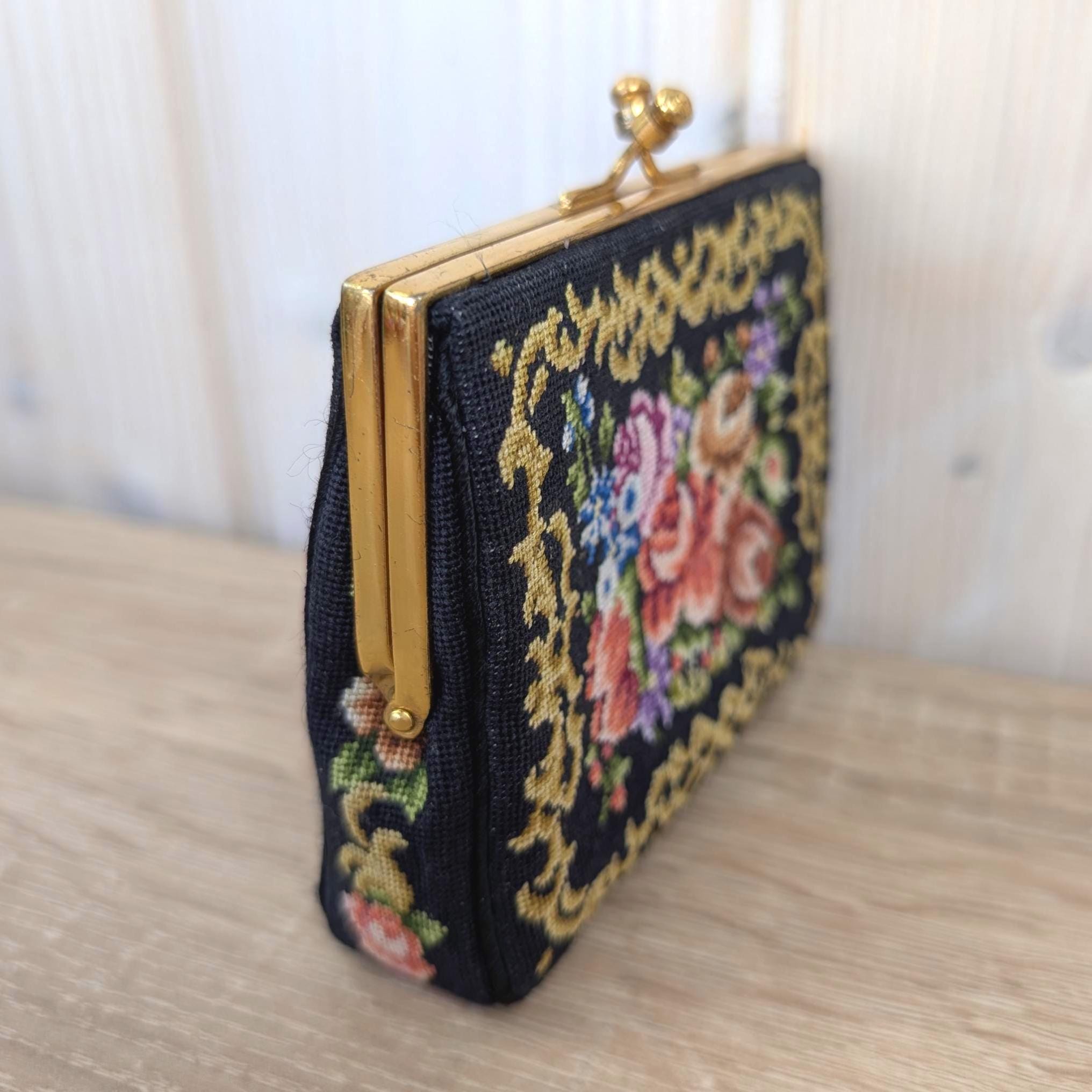 Petit Point Coin Purse Black Gold, Floral Needlepoint Wallet Double Frame Clasp, Austrian German Embroidered Purse, 1950s 1960s Vintage