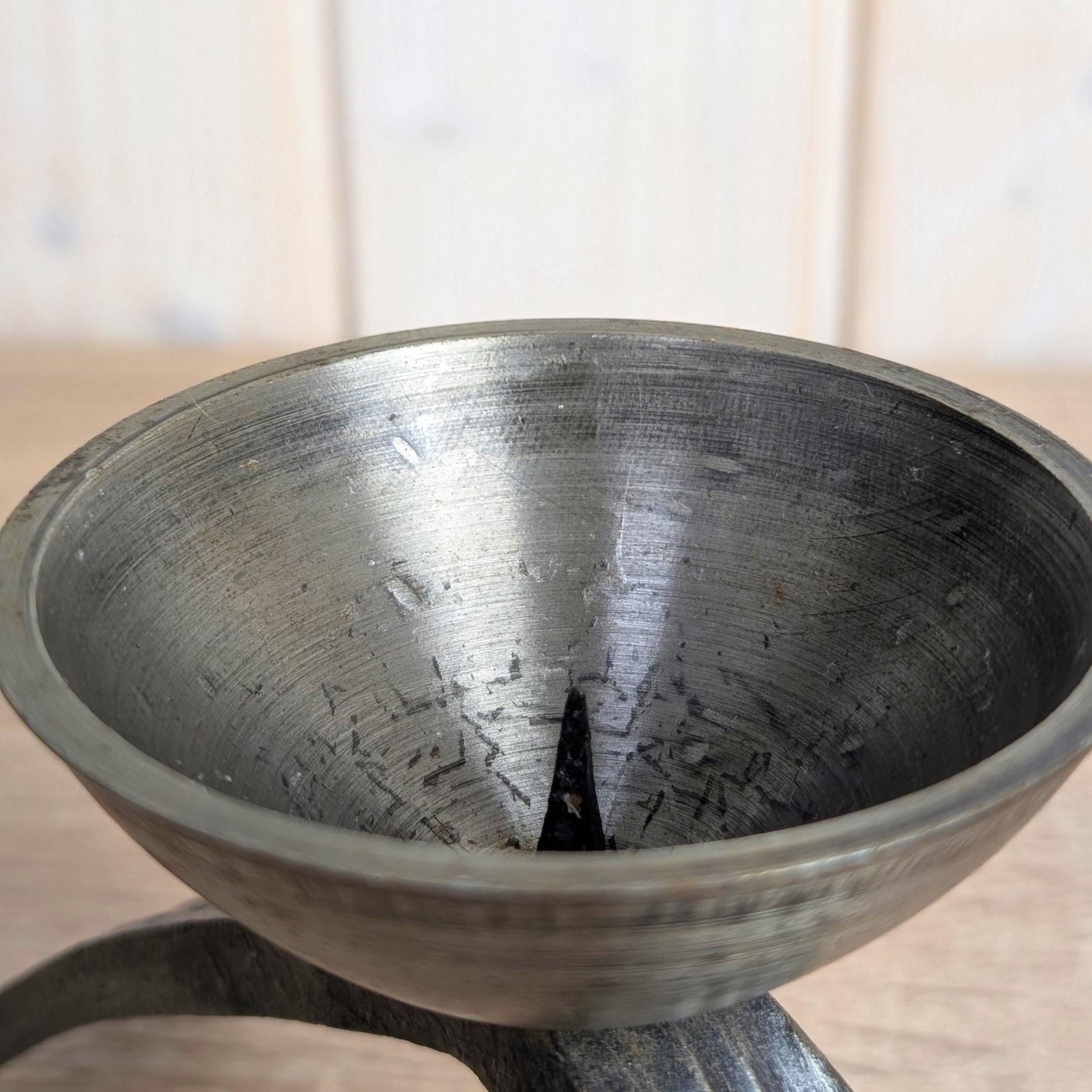 Brutalist Forged Iron Candleholder, Sculptural Two-Leg Base, Metal Cup, Mid Century Modern, 1960s