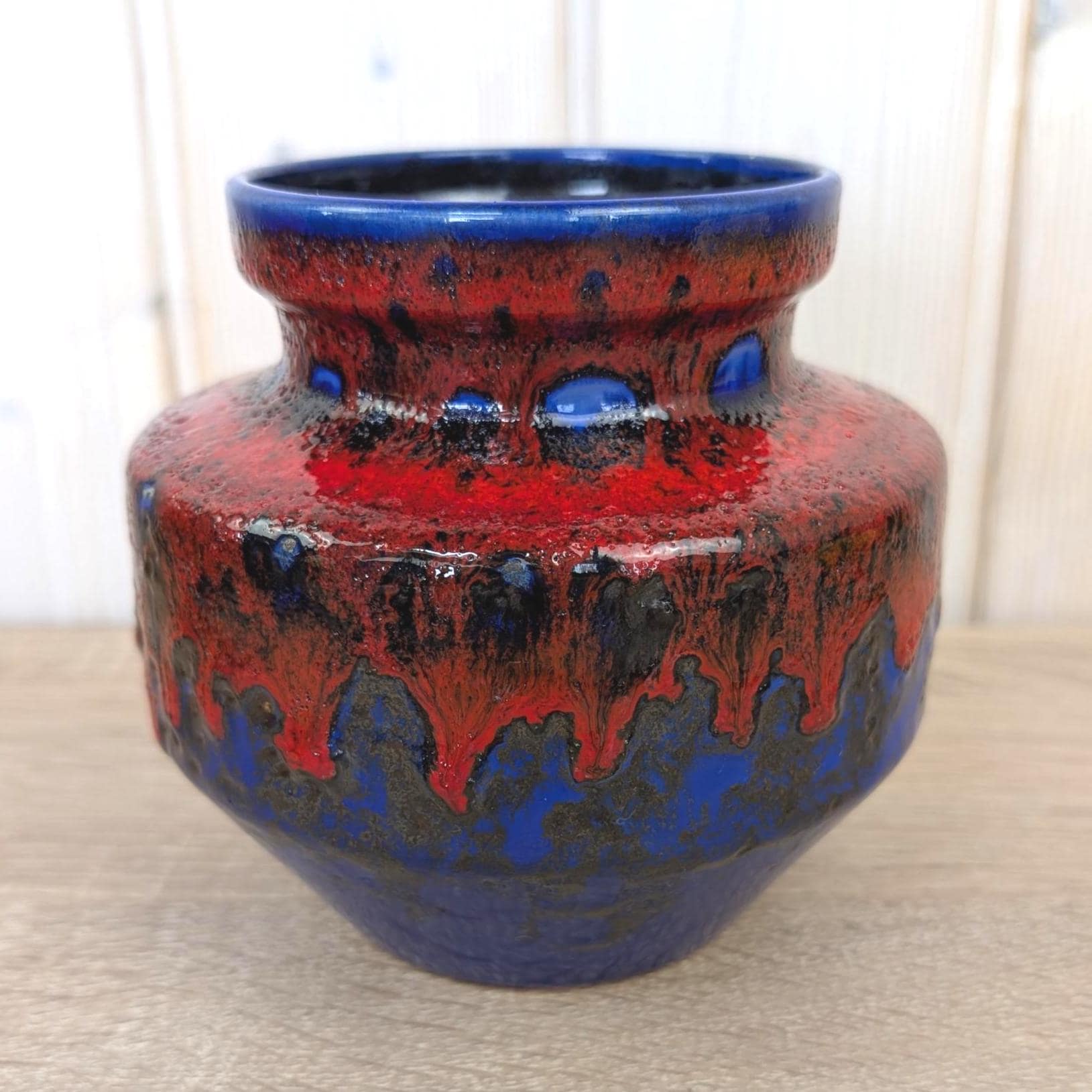 Bay Keramik Fat Lava Vase, Blue Red Drip Glaze, West Germany, Model 153-13, 1960s 1970s