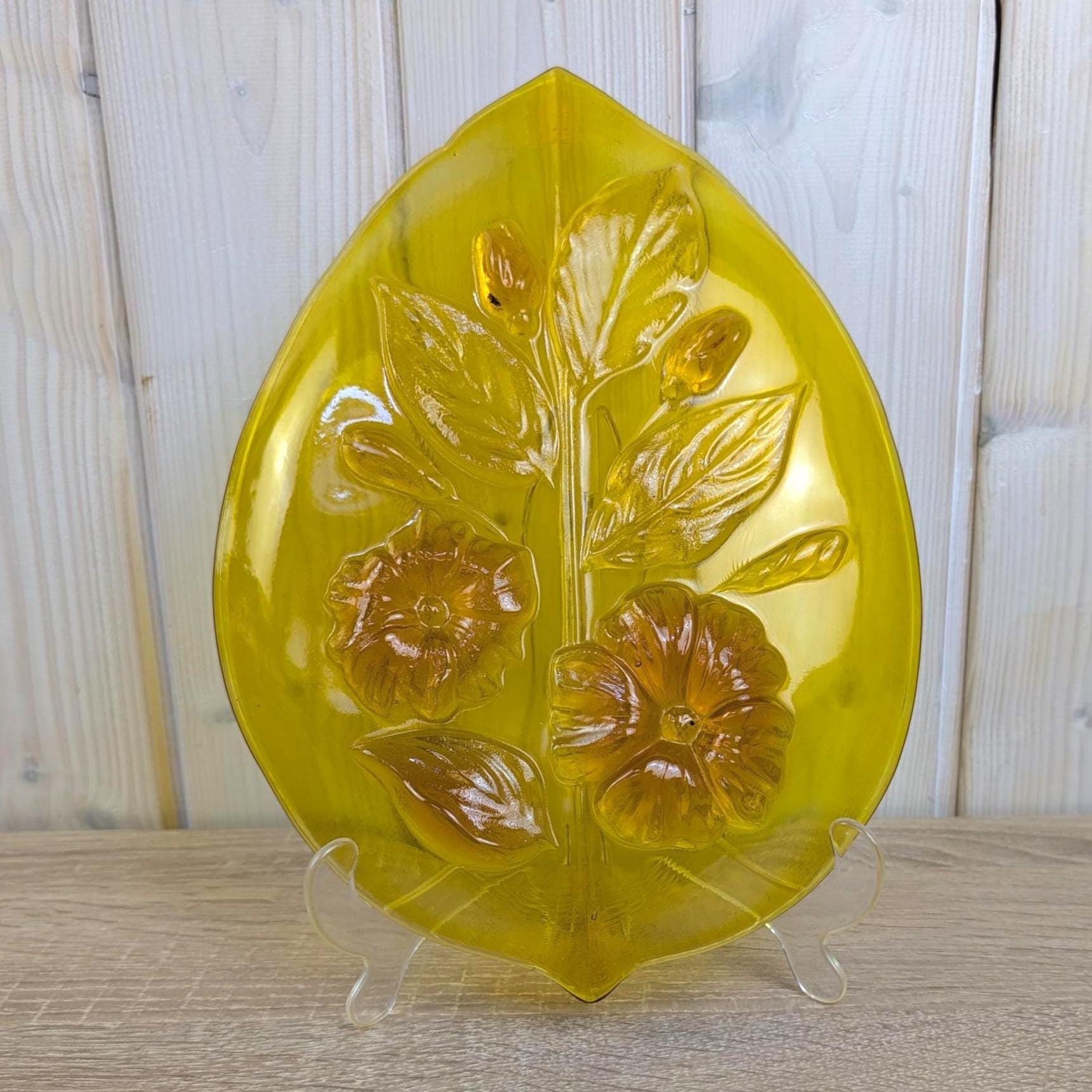 Vintage Amber Glass Leaf Dish, Floral Relief, European Pressed Glass, Mid-Century